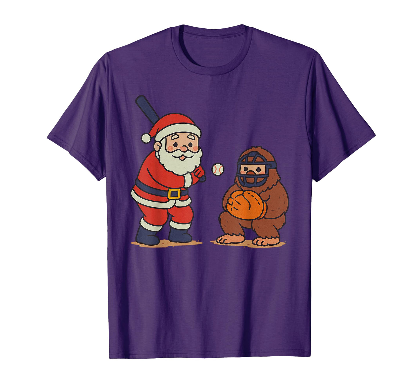 Santa Claus Sasquatch Playing Baseball Xmas Funny Christmas T-Shirt