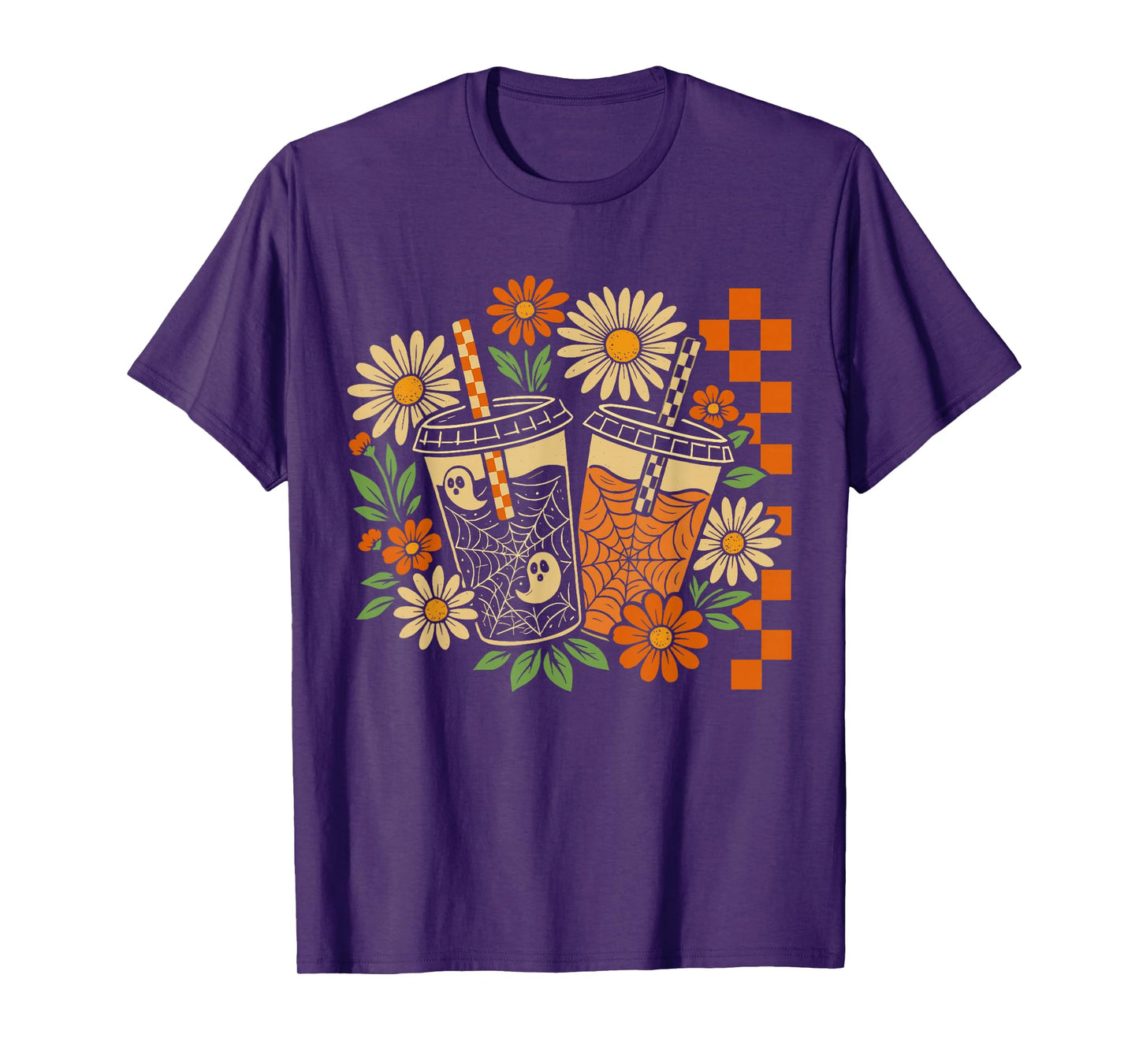Vintage Halloween Spooky Boo Ghost Coffee Floral Checkered T-Shirt