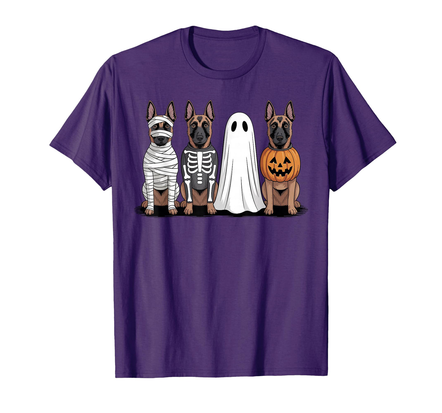 Spooky Ghost Belgian Malinois Pumpkin Halloween Dog Skeleton T-Shirt