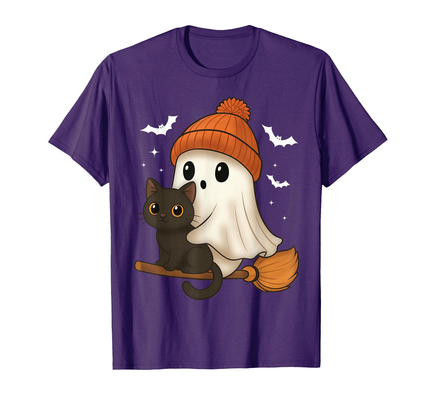 Cute Cat Flying On Broom with Ghost Stars Funny Halloween T-Shirt