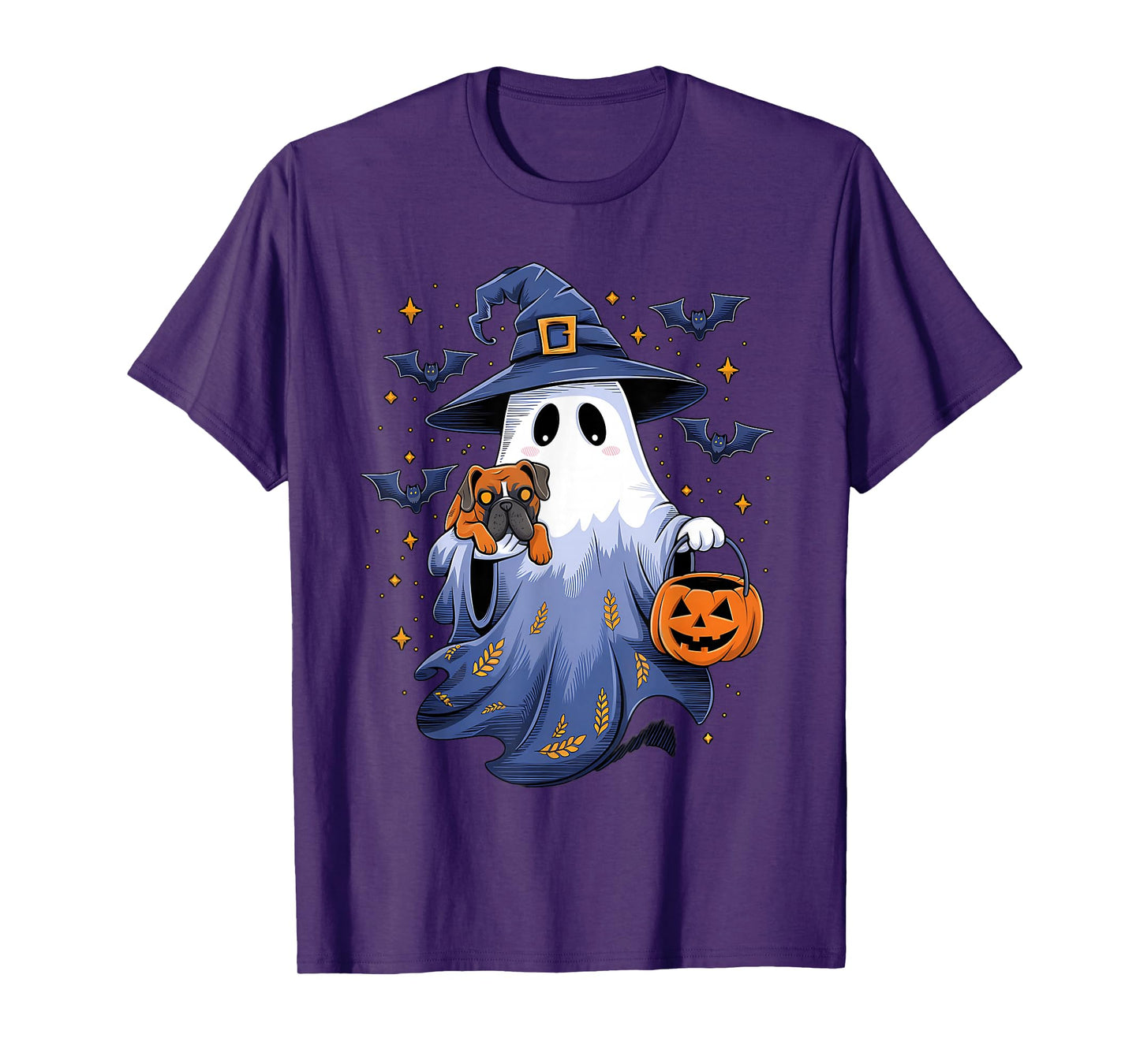 Ghost Witch Holding Boxer Dog Pumpkins Vintage Halloween T-Shirt