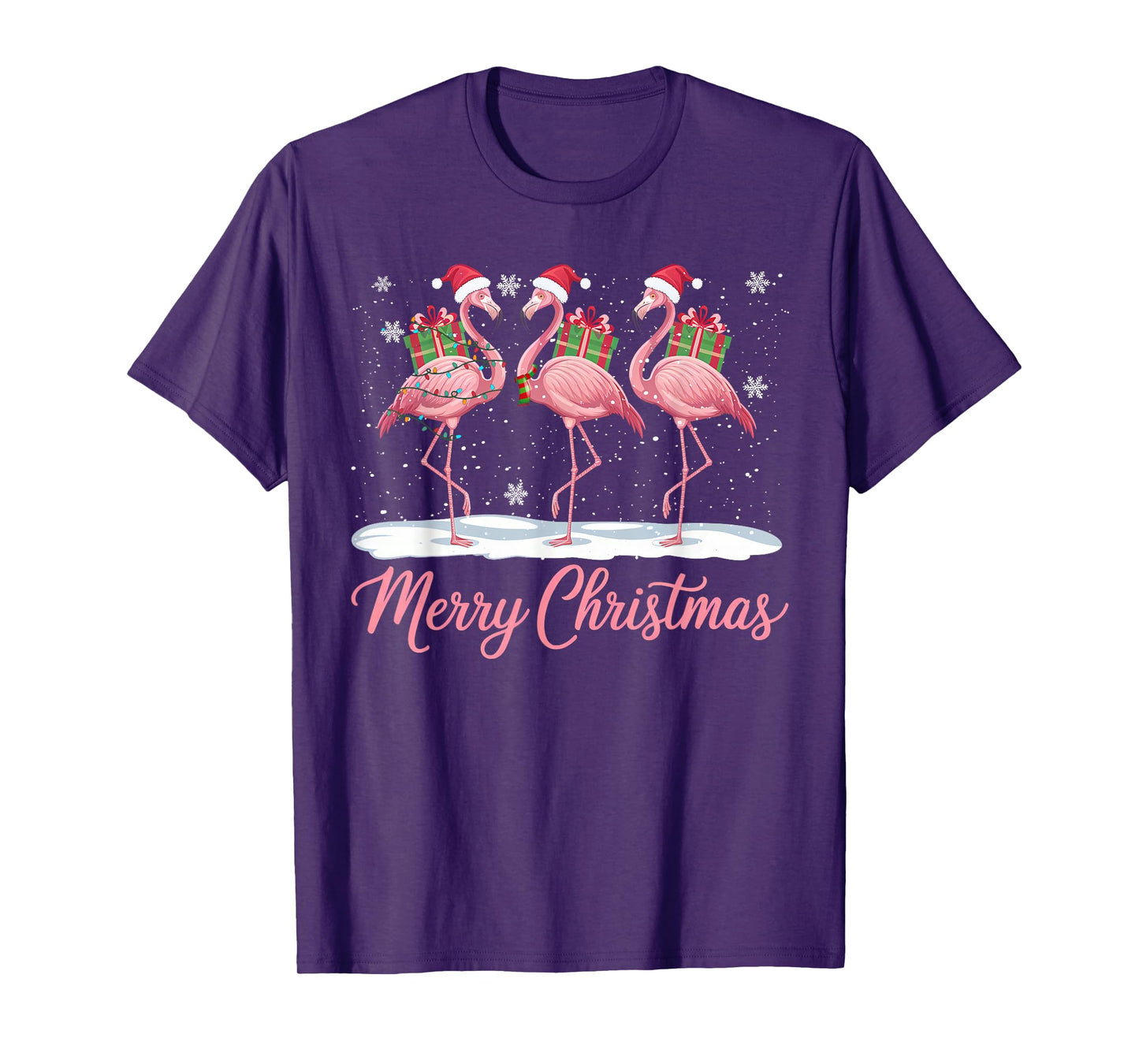 Merry Christmas Hat Santa Flamingo Light Funny Xmas Pajamas T-Shirt
