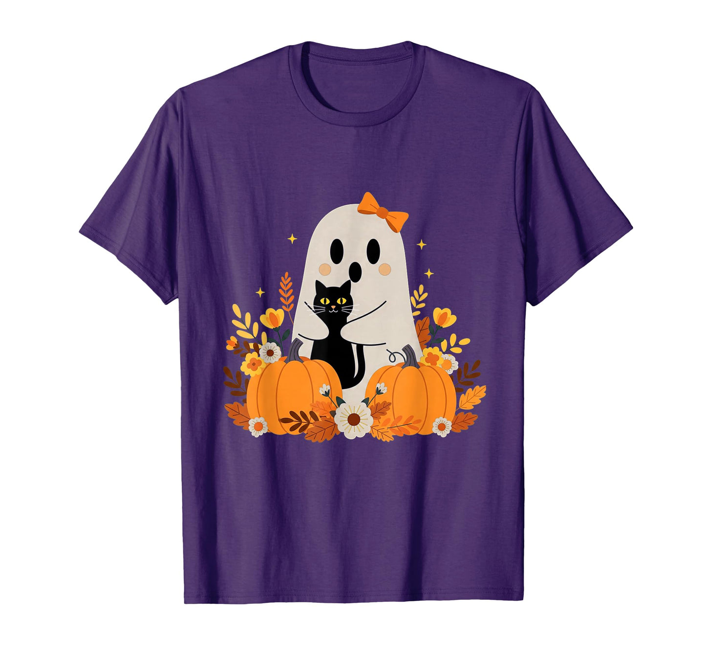Vintage Halloween Ghost Holding Black Cat Groovy Floral T-Shirt