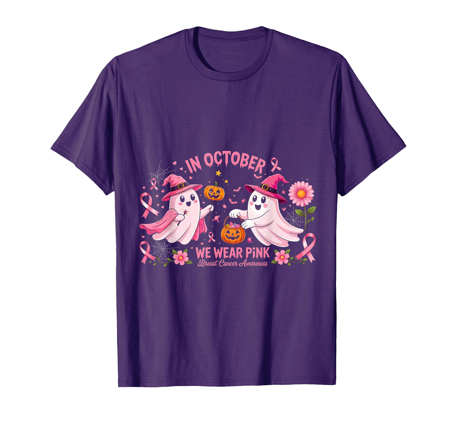 in October We Wear Pink Ghost Witch Breast Cancer Awareness T-Shirt