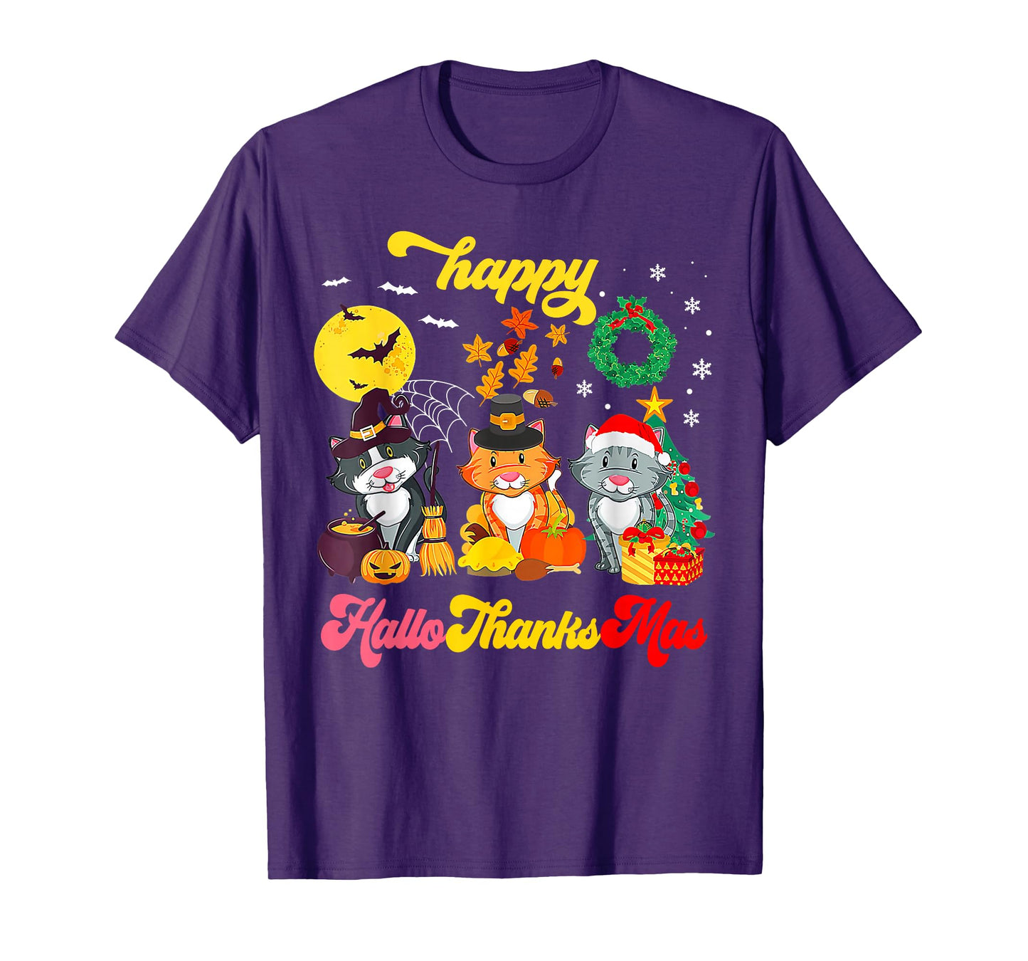 Cat Halloween Christmas Happy Hallothanksmas Thanksgiving T-Shirt