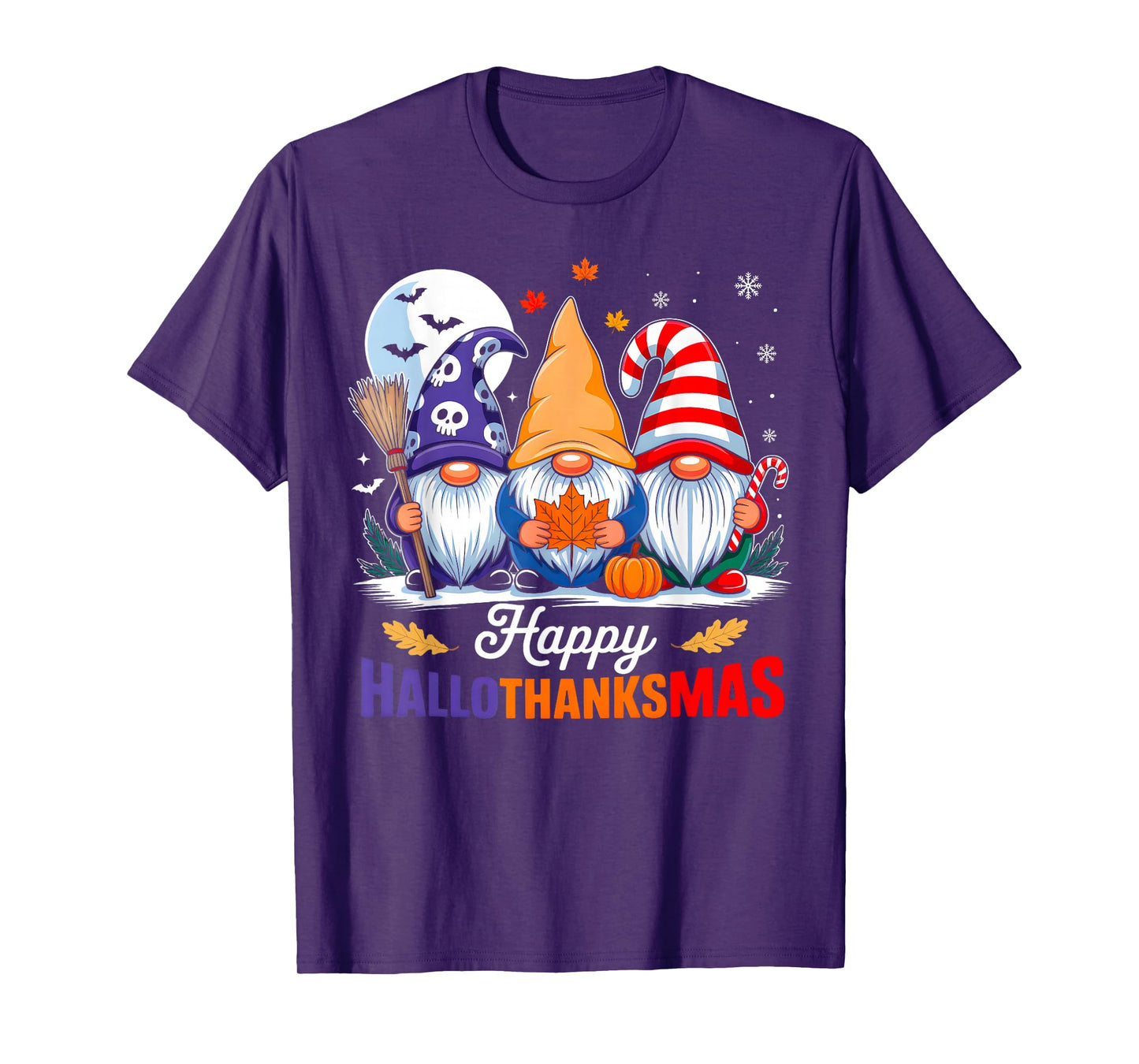 Happy Hallothanksmas Gnomes Halloween Thanksgiving Christmas T-Shirt
