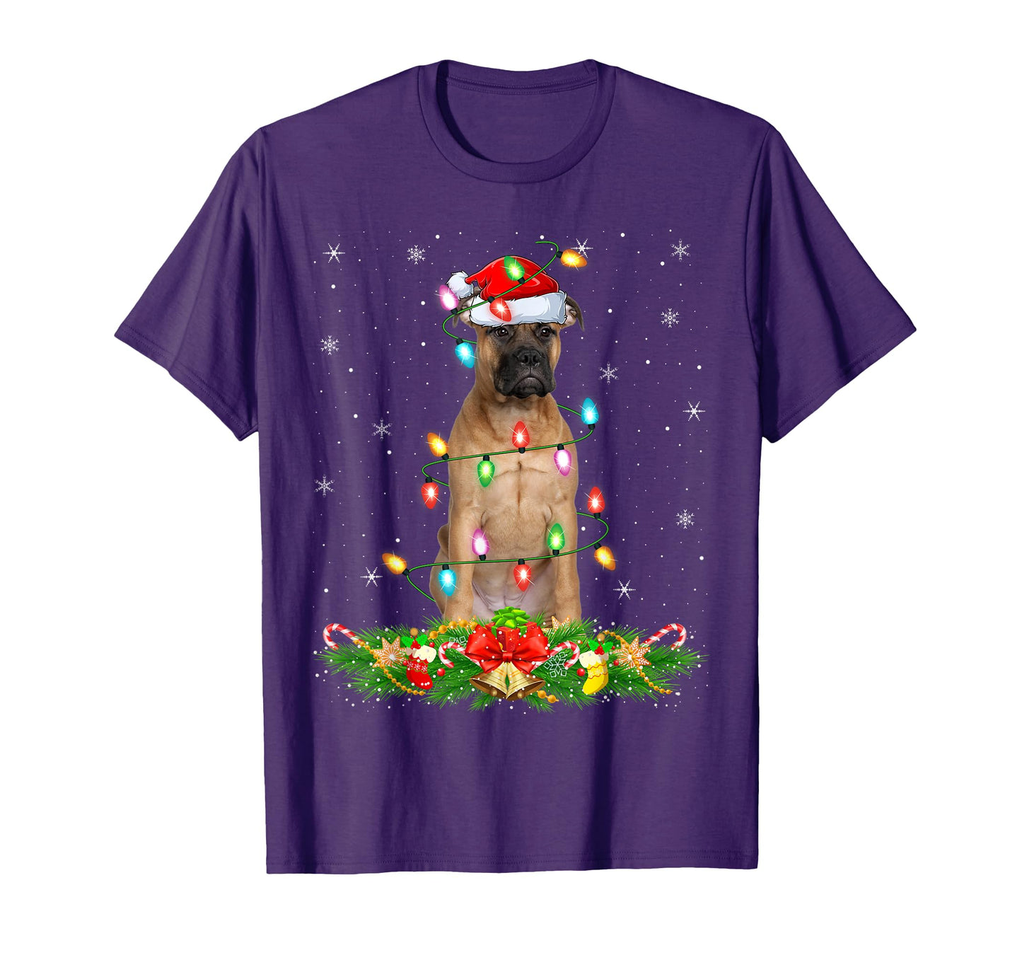 Bullmastiff Dog Christmas Lights Funny Santa Hat Xmas T-Shirt