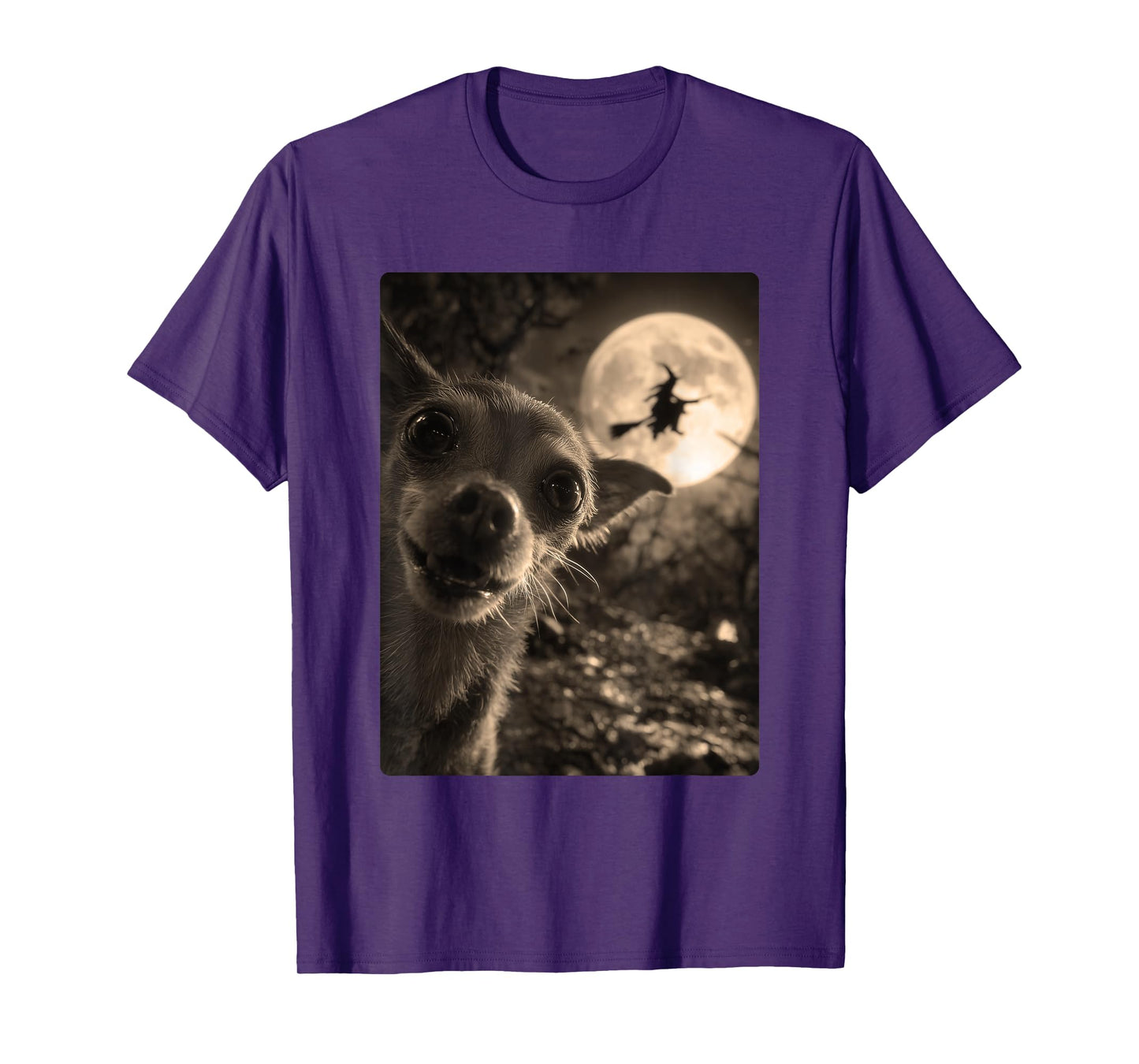 Funny Chihuahua Selfie Full Moon Flying Witch Halloween Dog T-Shirt