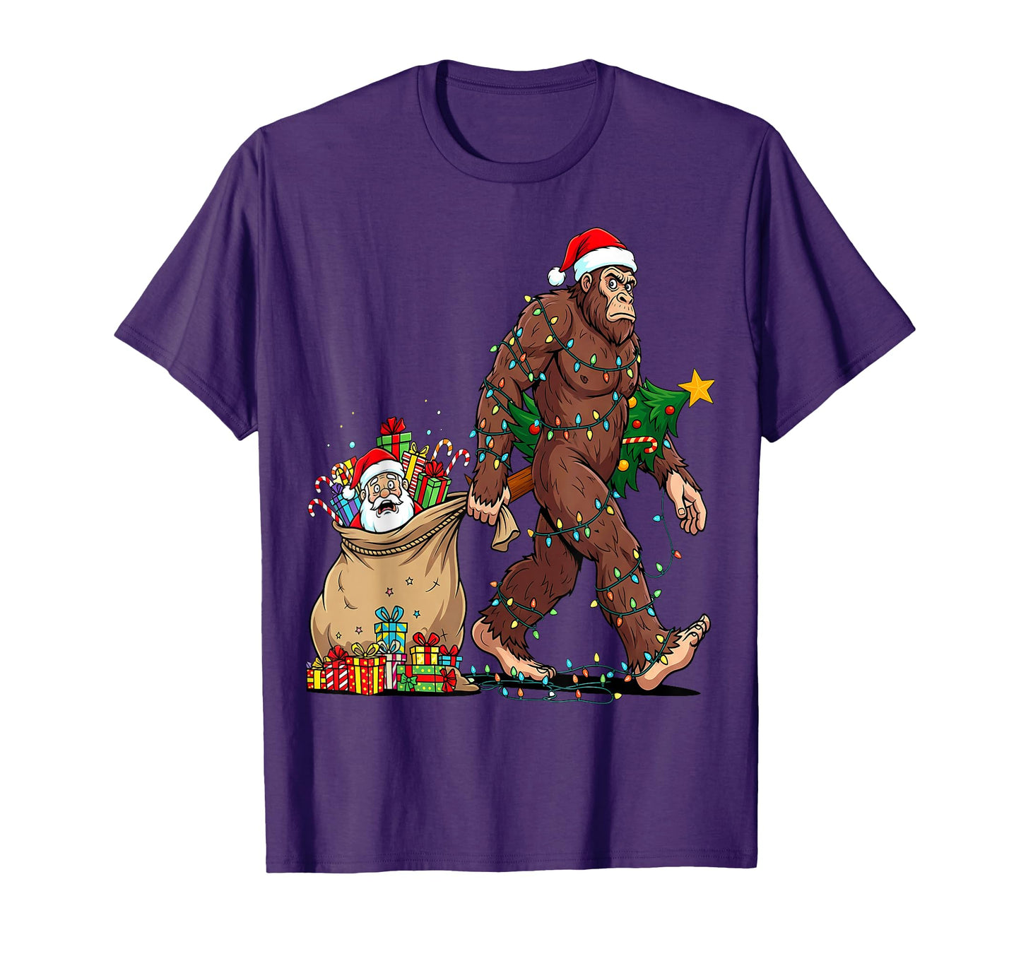 Funny Bigfoot Steals Santa & Xmas Tree - Christmas Sasquatch T-Shirt