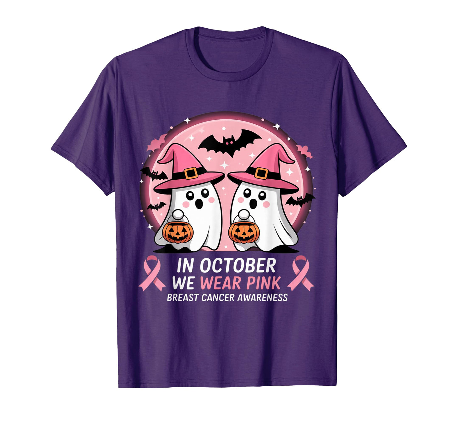 in October We Wear Pink Ghost Witch Breast Cancer Awareness T-Shirt