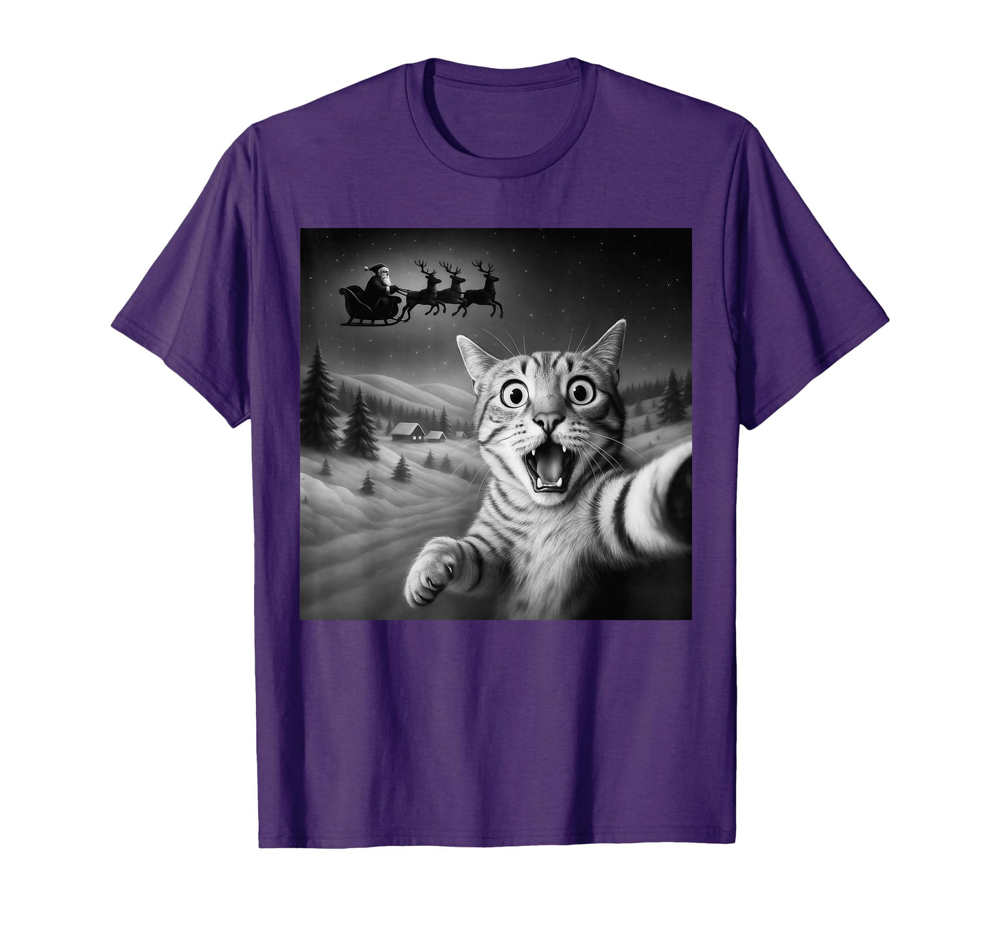Funny Shocked Cat Selfie Santa Sleigh Christmas Night T-Shirt