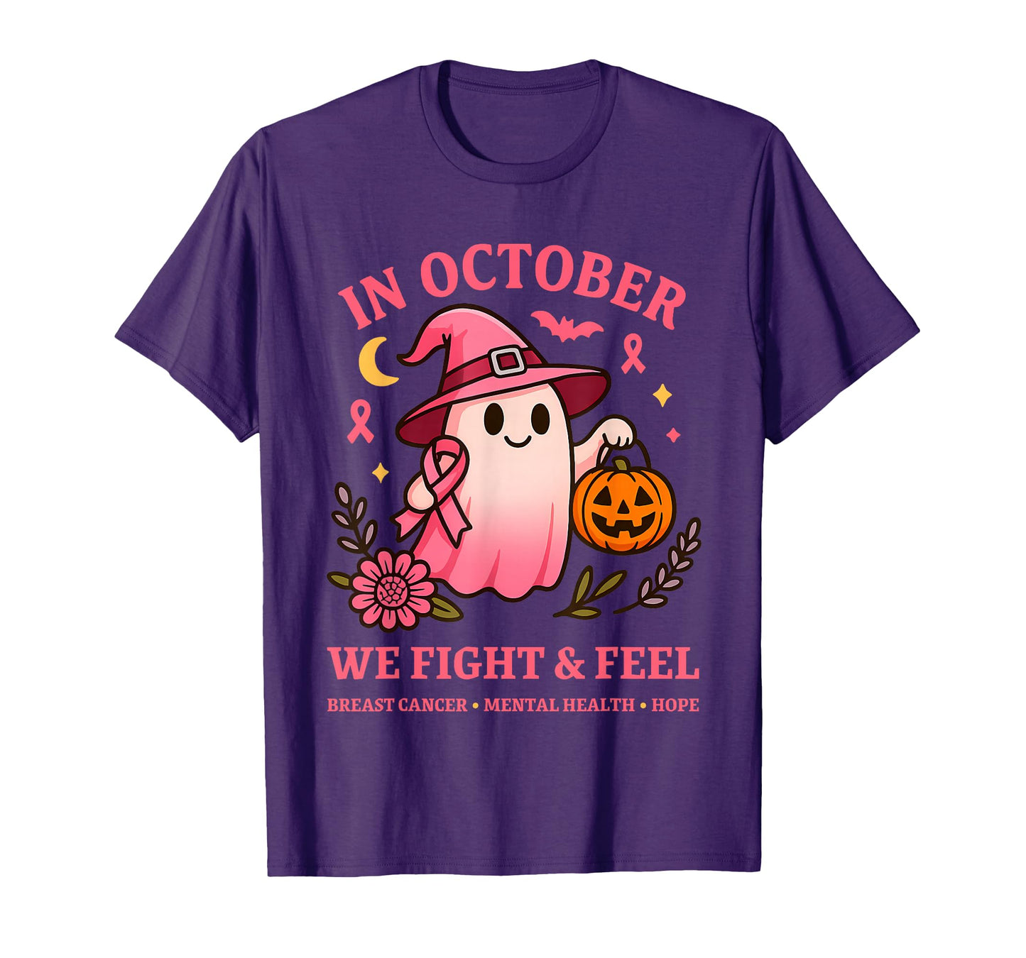 Cute Pink Ribbon Halloween Ghost Breast Cancer Awareness T-Shirt