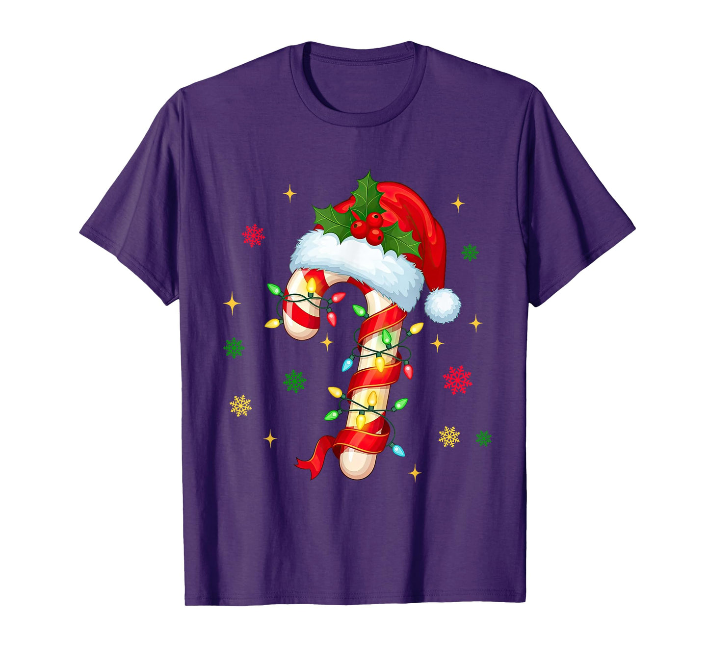 Candy Cane Christmas Lights Santa Hat Xmas Crew Women Girls T-Shirt