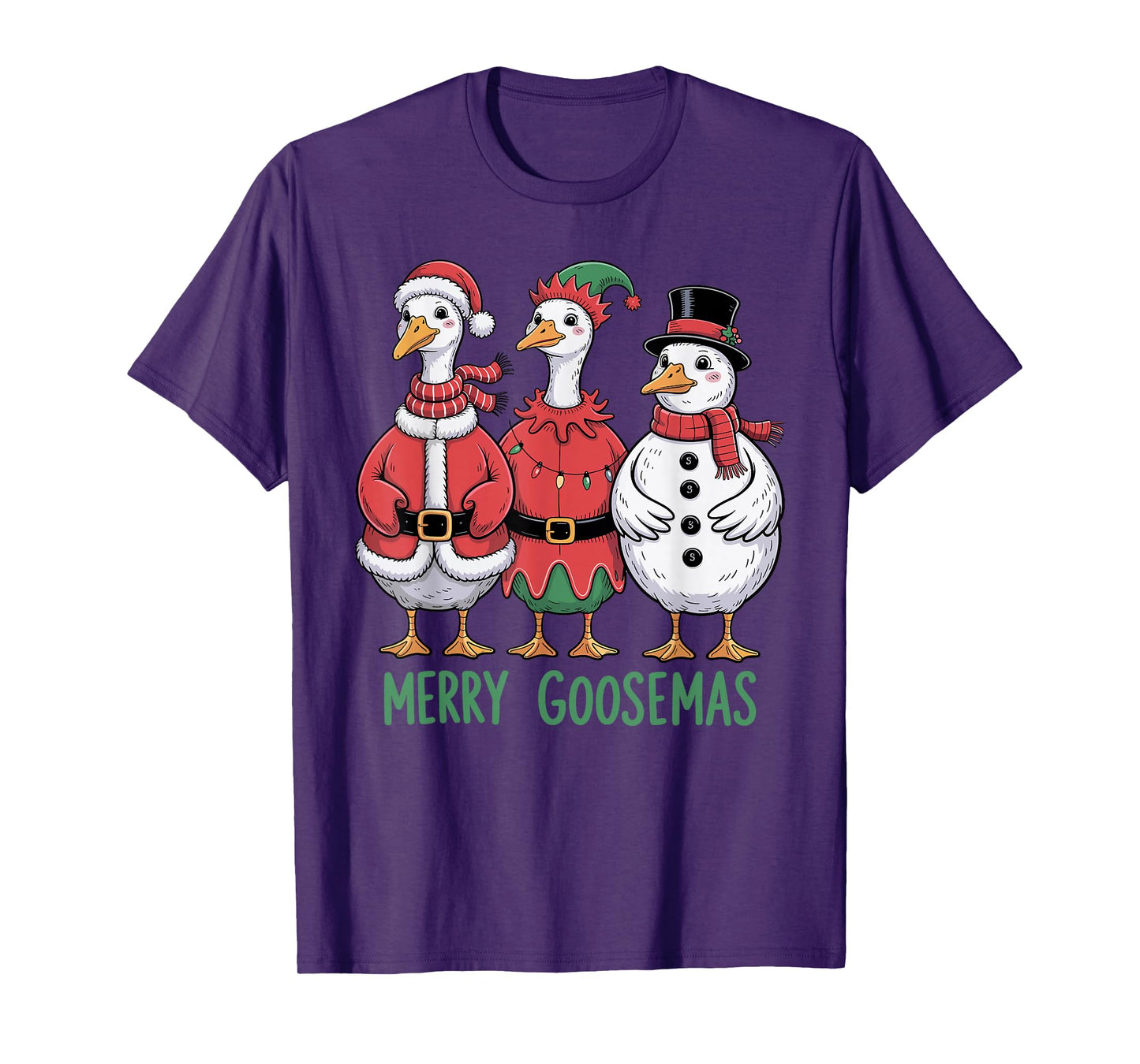 Merry Goosmas Christmas Goose Trio Elf Santa Snowman T-Shirt
