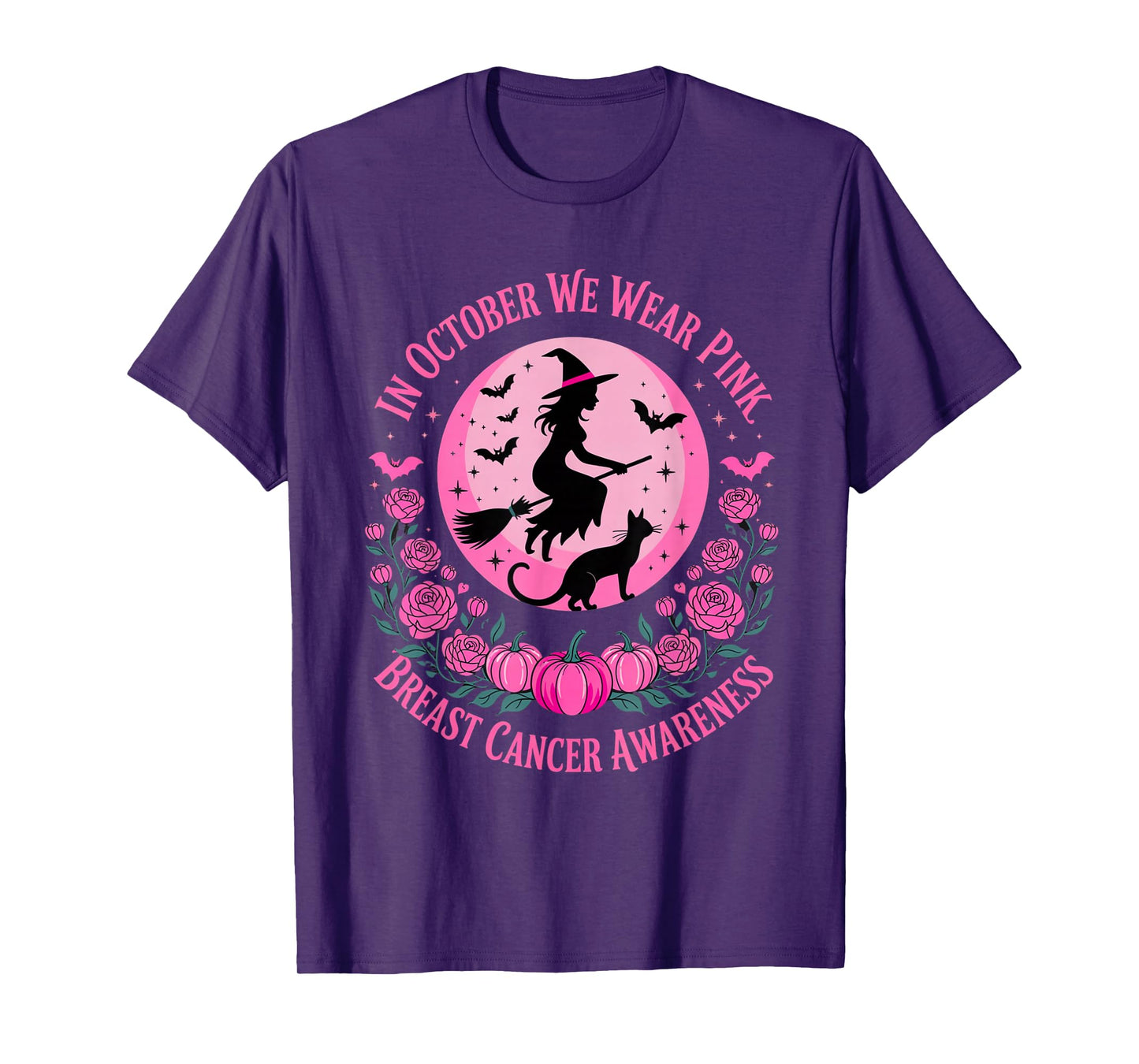 Retro in October We Wear Pink Witch Breast Cancer Awareness T-Shirt