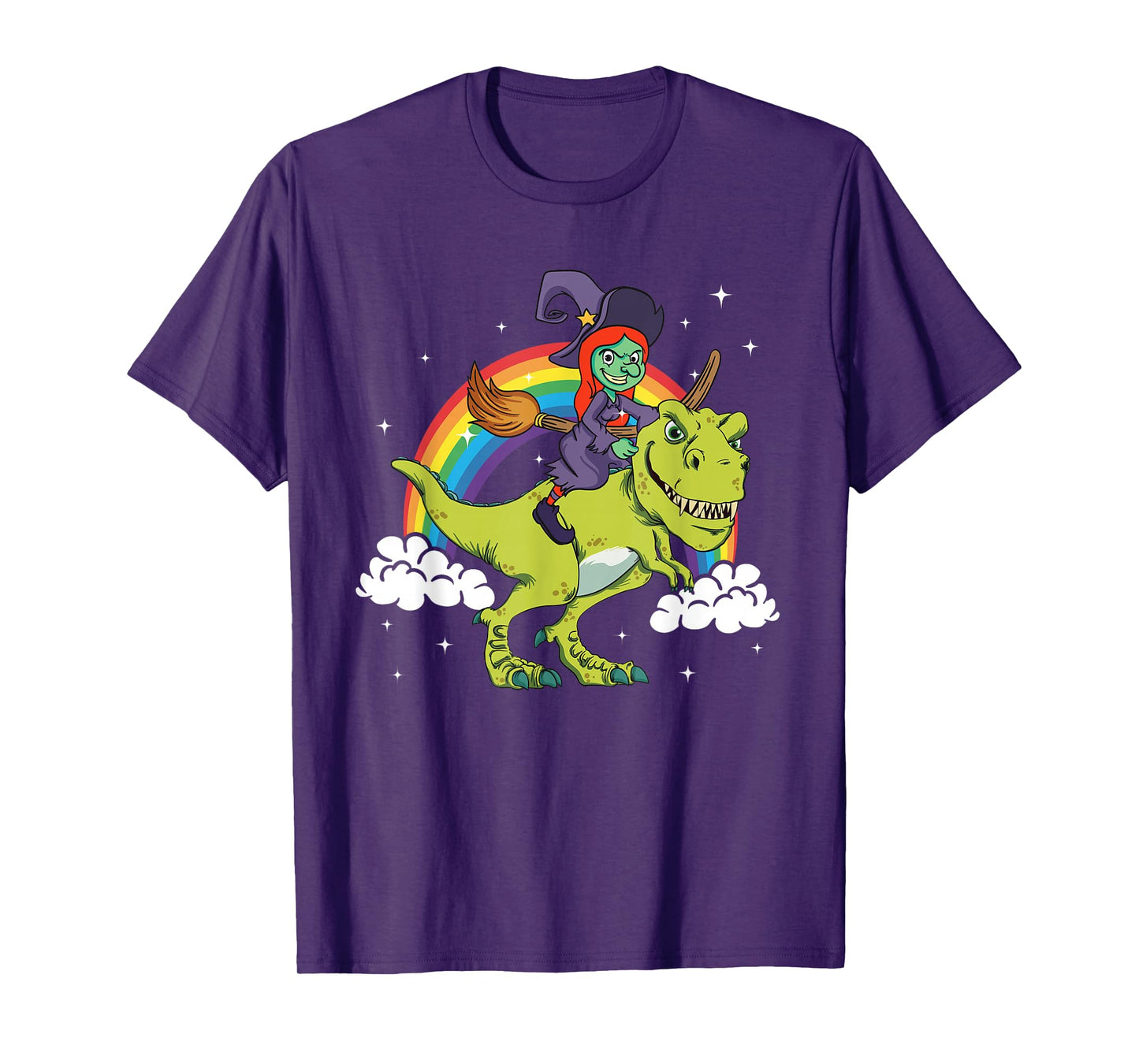 Witch Halloween Dinosaur Tyrannosaurus T-Rex Rainbow Cloud T-Shirt