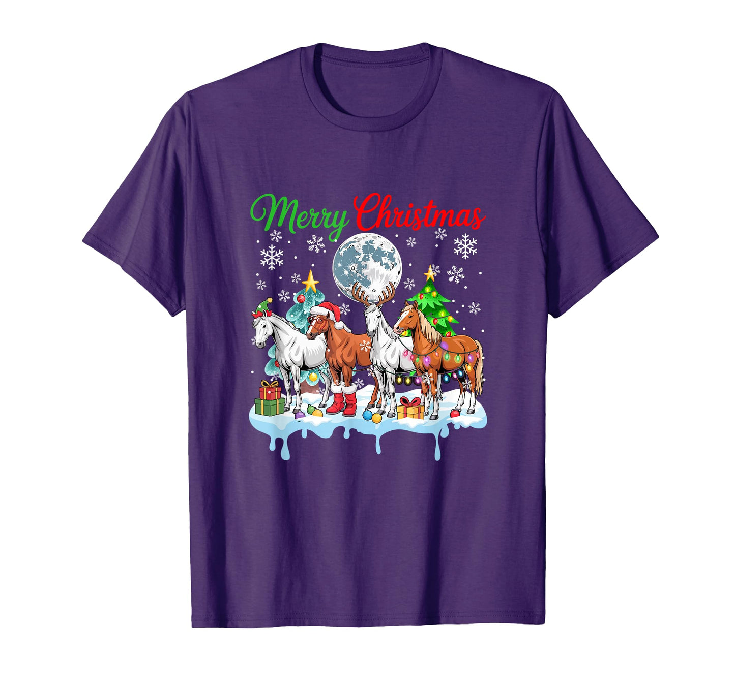 Merry Christmas Snow Group Santa Elf Reindeer Horses Farmer T-Shirt