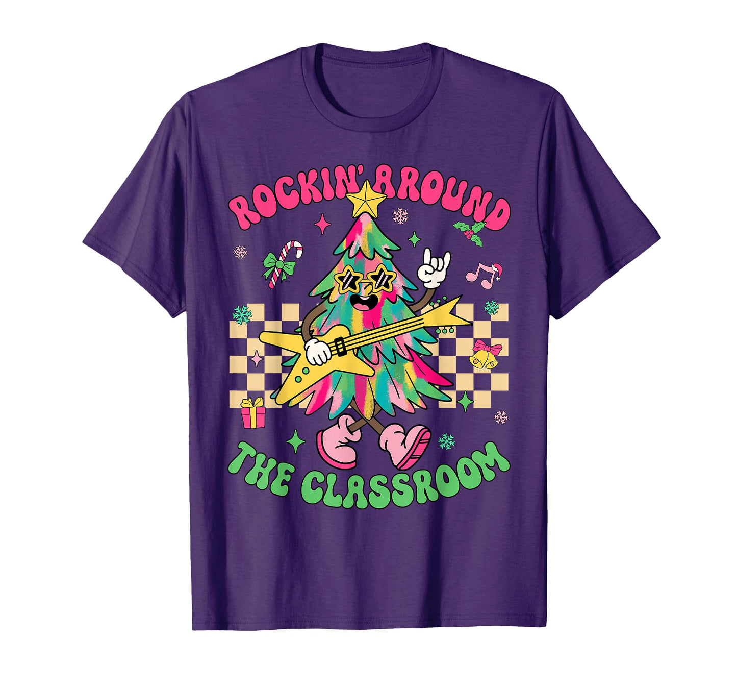 Groovy Teacher Christmas Rockin' Around The Classroom Kids T-Shirt