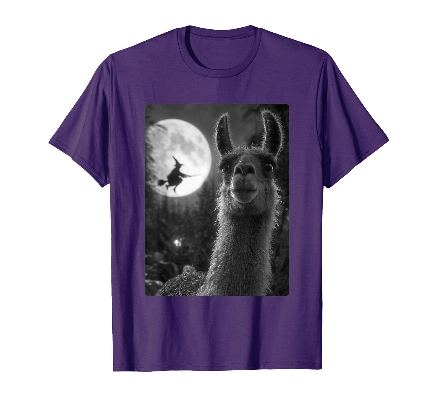 Funny Llama Selfie Full Moon Flying Witch Forest Halloween T-Shirt