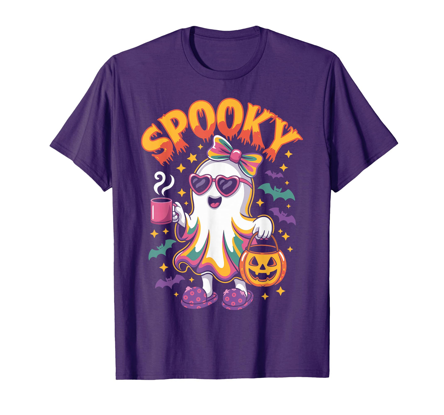 Spooky Halloween Ghost Colorful Coquette Bow Girl Women T-Shirt
