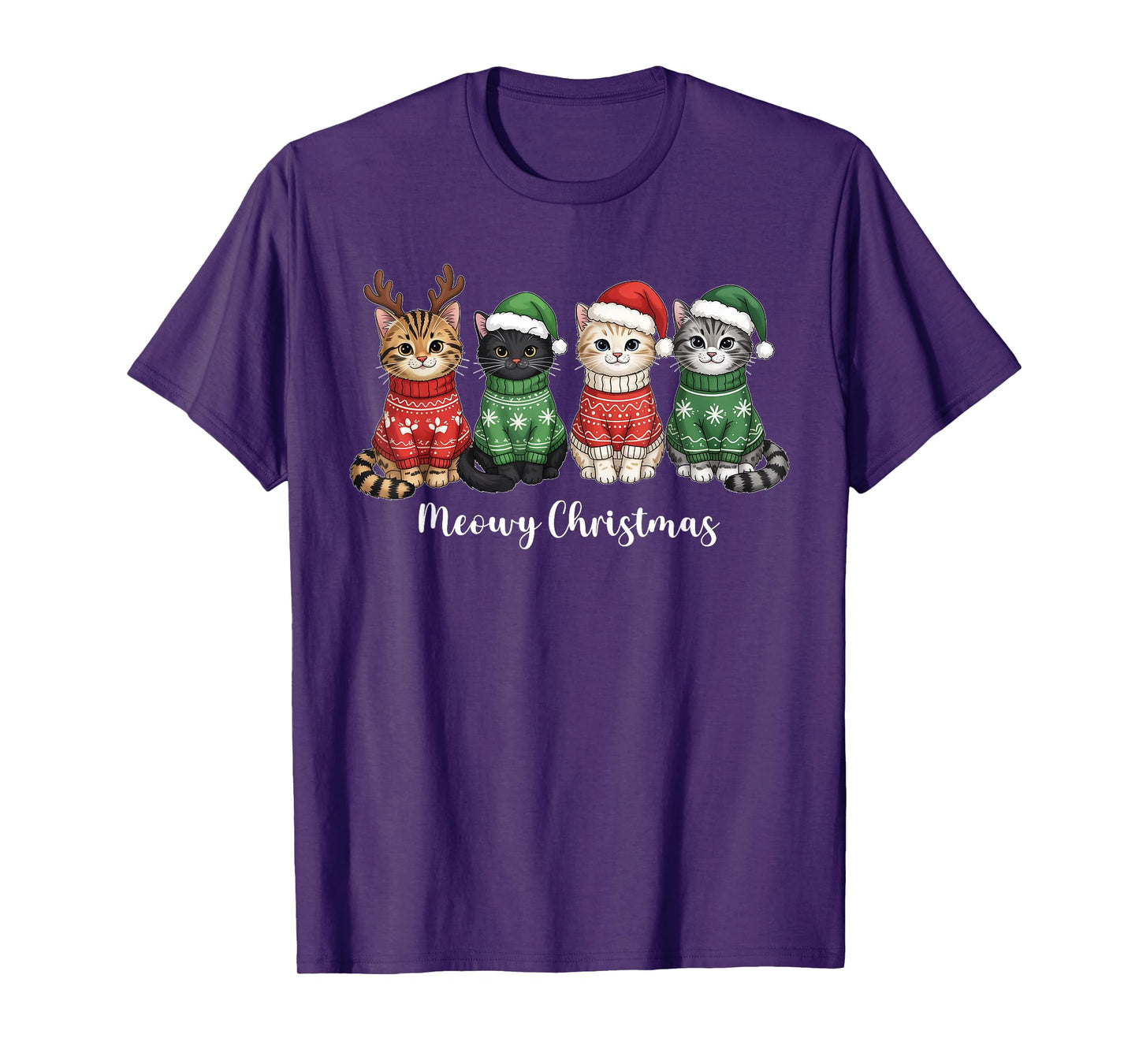 Meowy Christmas Cat Ugly Christmas Cat Reindeer Santa Xmas T-Shirt
