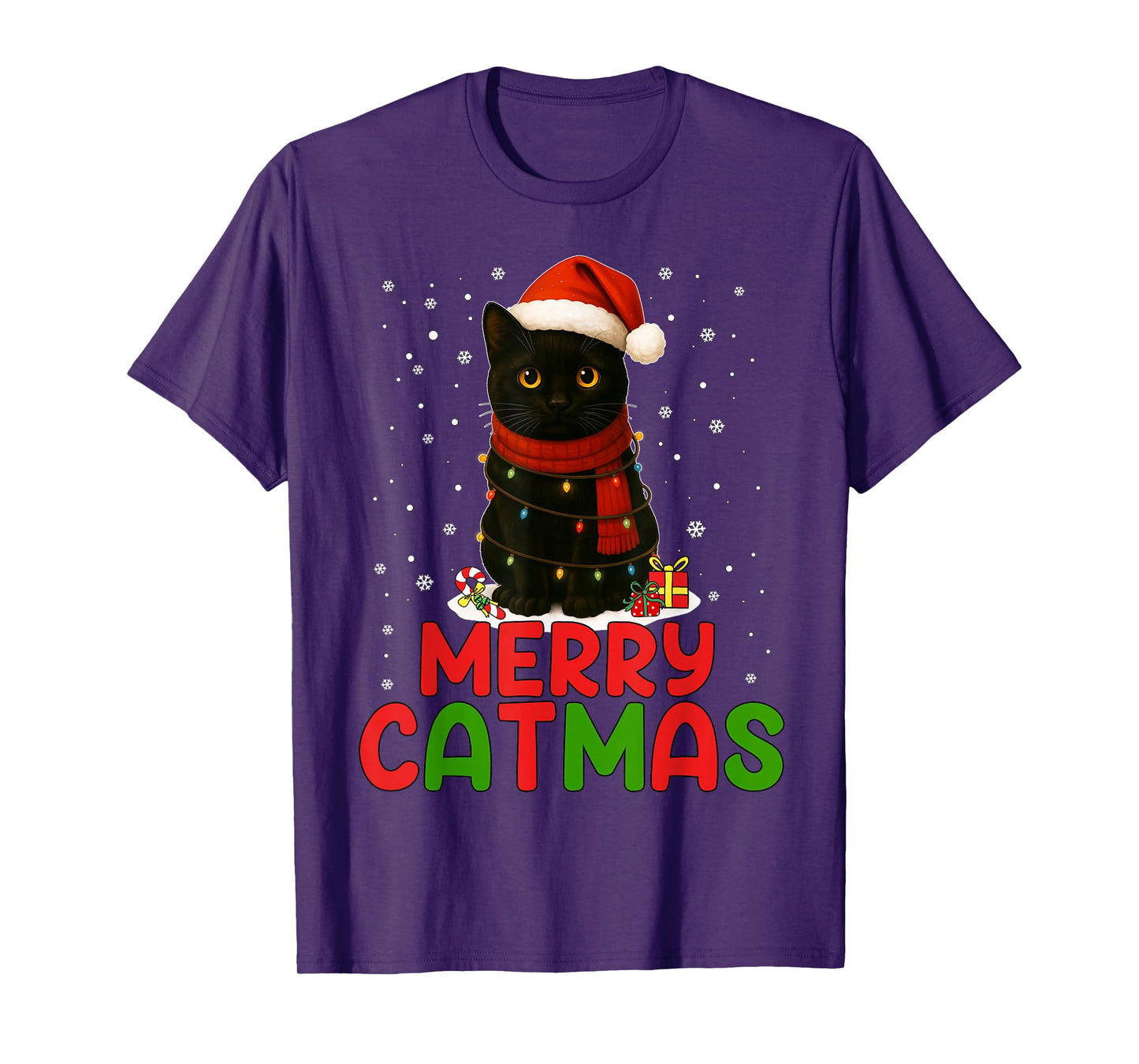 Merry Catmas Santa Hat Funny Black Cat Christmas Women Kids T-Shirt