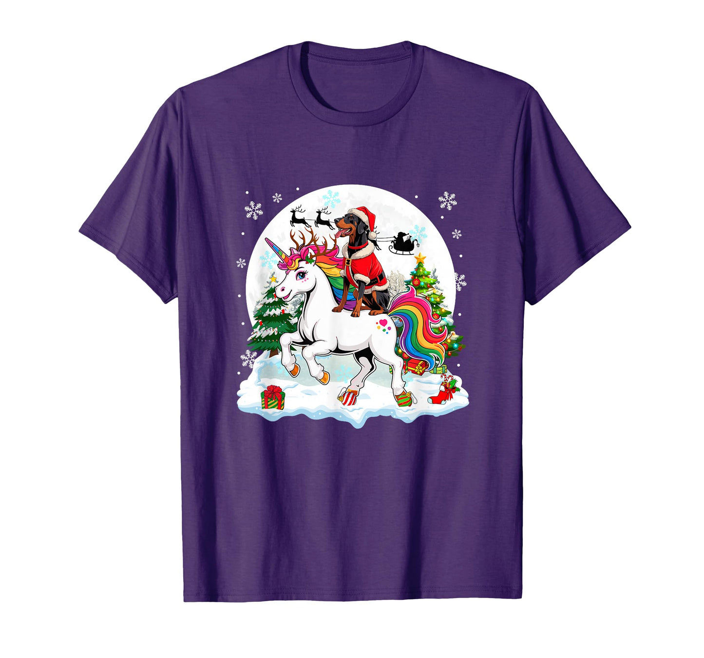 Santa Dobermann Riding Unicorn Reindeer Christmas Owner Kids T-Shirt