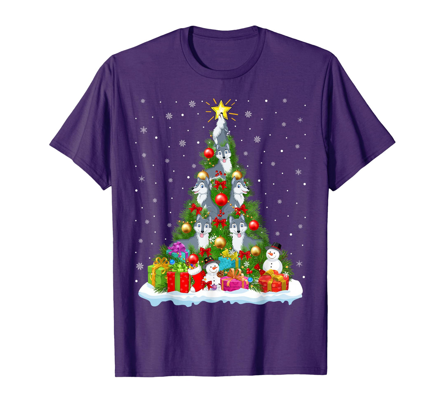 Cute Wolf Christmas Tree Holiday Decor Funny Xmas Lights T-Shirt