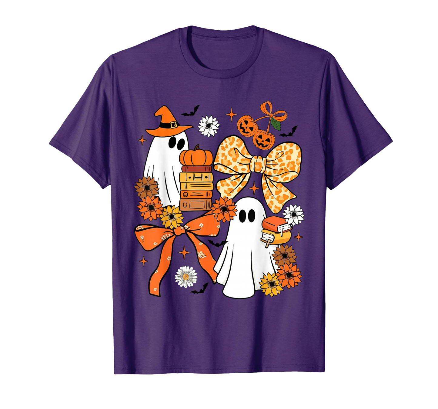 Coquette Halloween Ghost Pumpkin Leopard Bow Women Kids T-Shirt