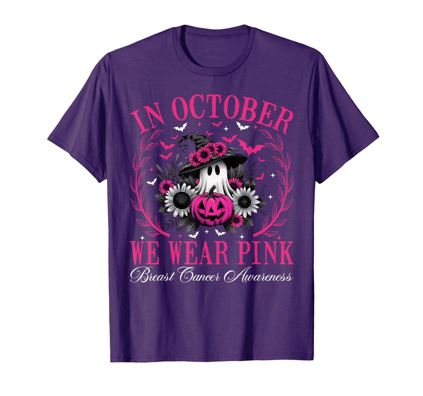 in October We Wear Pink Ghost Witch Breast Cancer Awareness T-Shirt