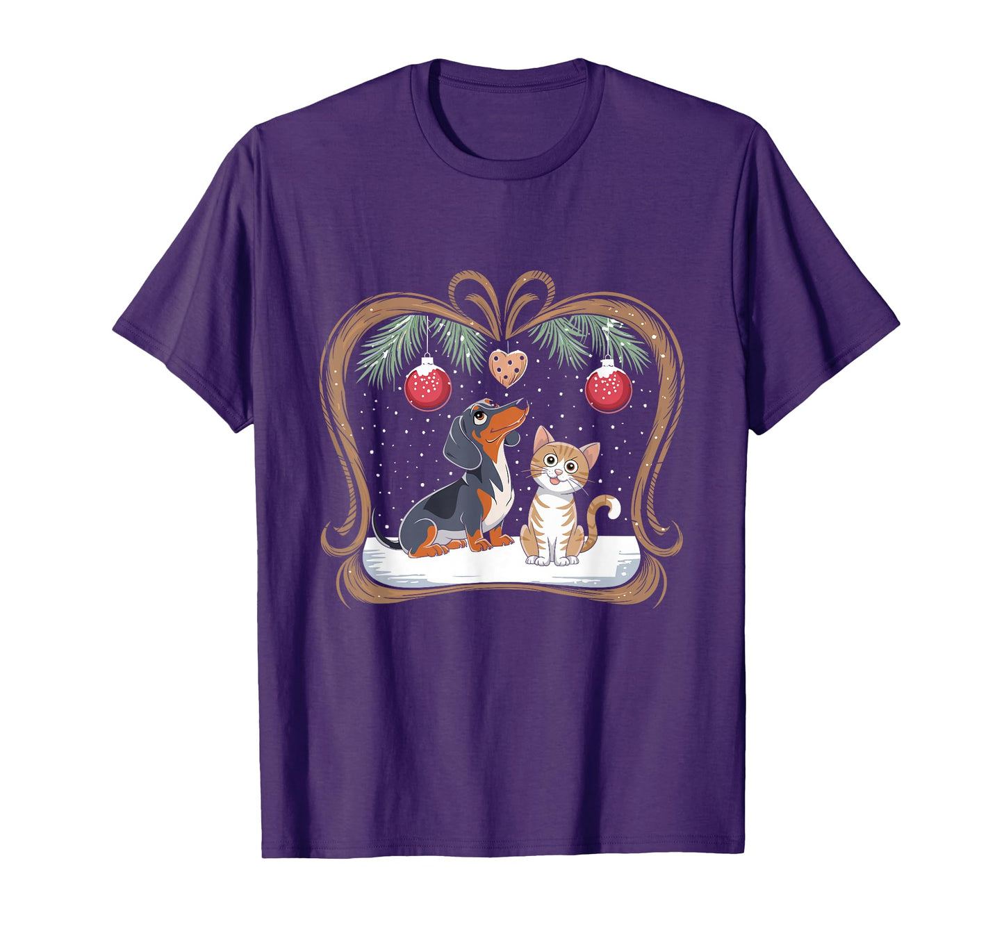 Dachshund Dog Cat Christmas Ball Snowflakes X-mas Holiday T-Shirt