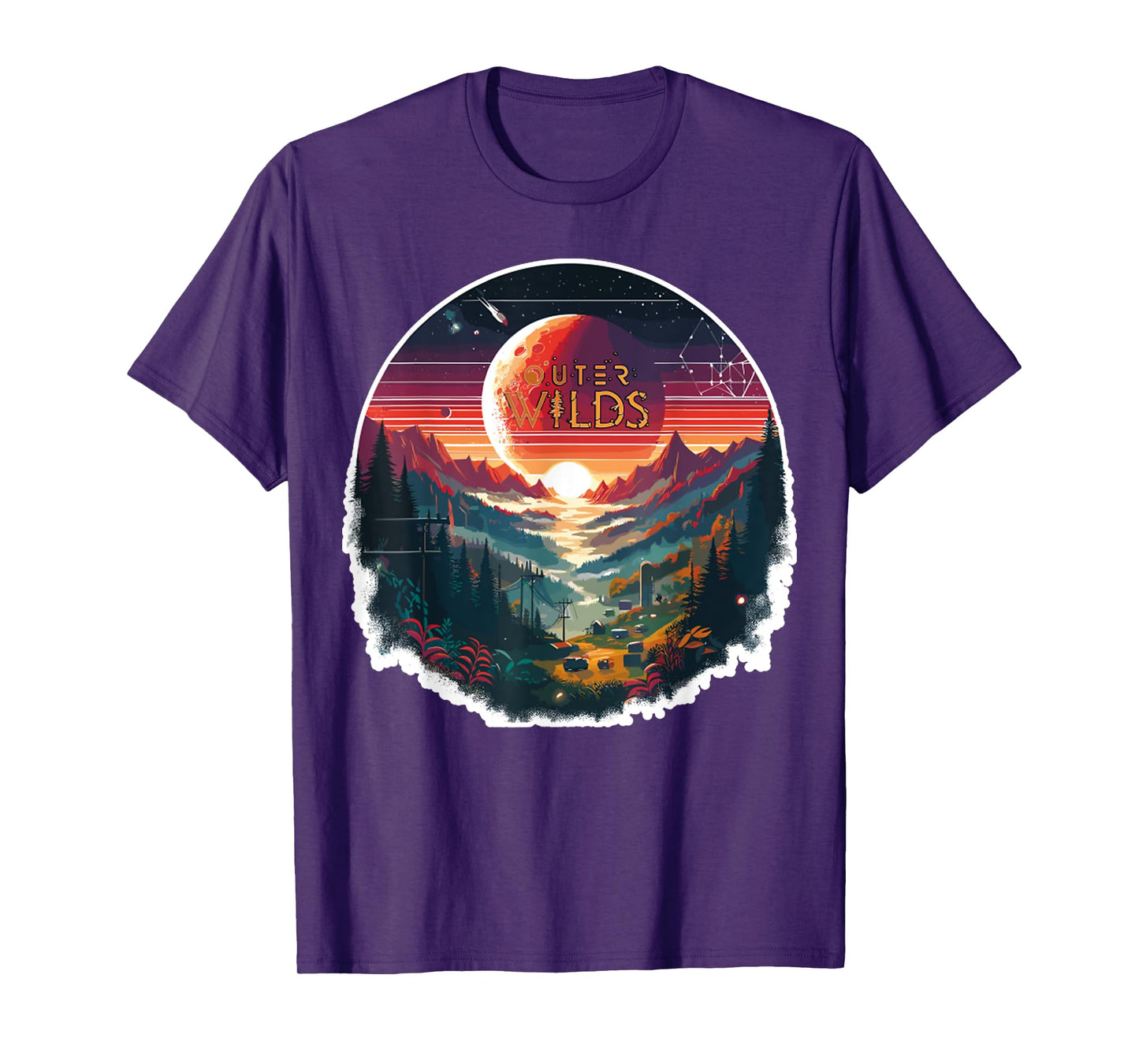 Outer Wilds Text Moon Mountain Forest Tree House Sun T-Shirt