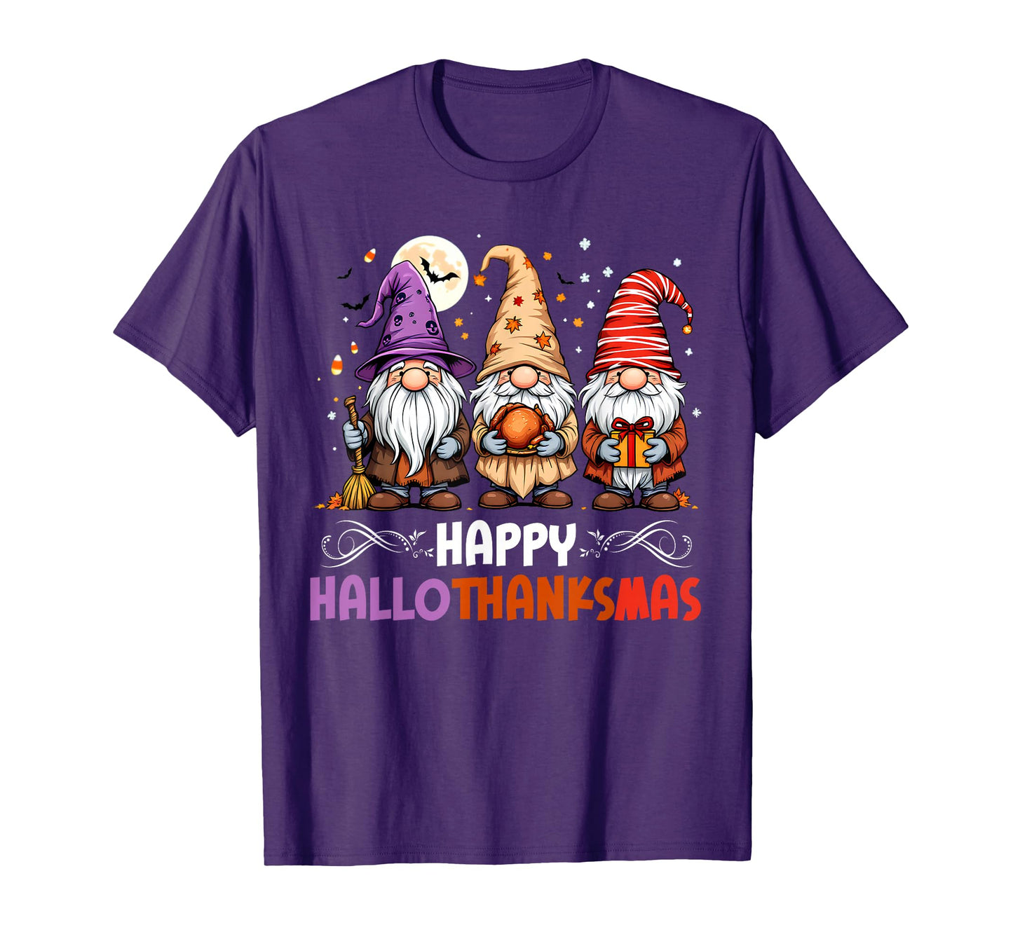 HalloThanksMas Gnomes Halloween Thanksgiving Christmas Happy T-Shirt