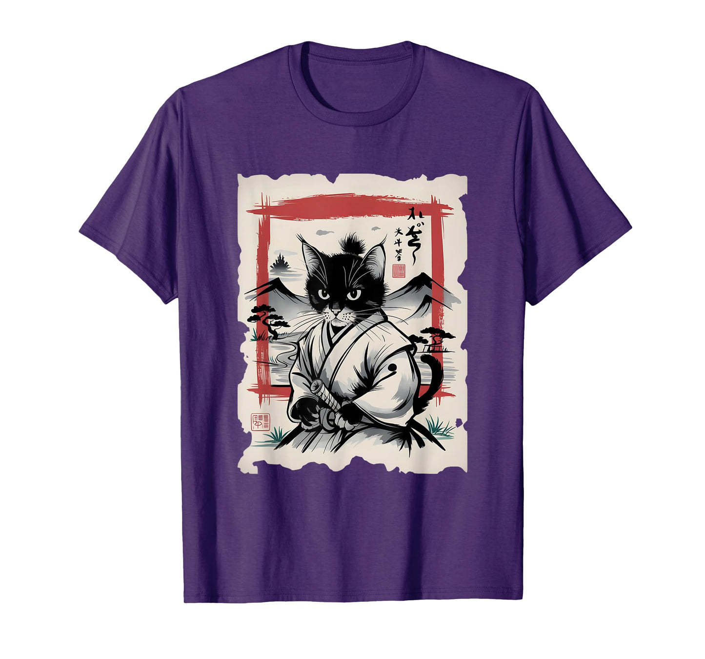 Samurai Cat Sumi-e Graphic - Vintage Warrior Japanese Art Men Women Girls Kids T-Shirt