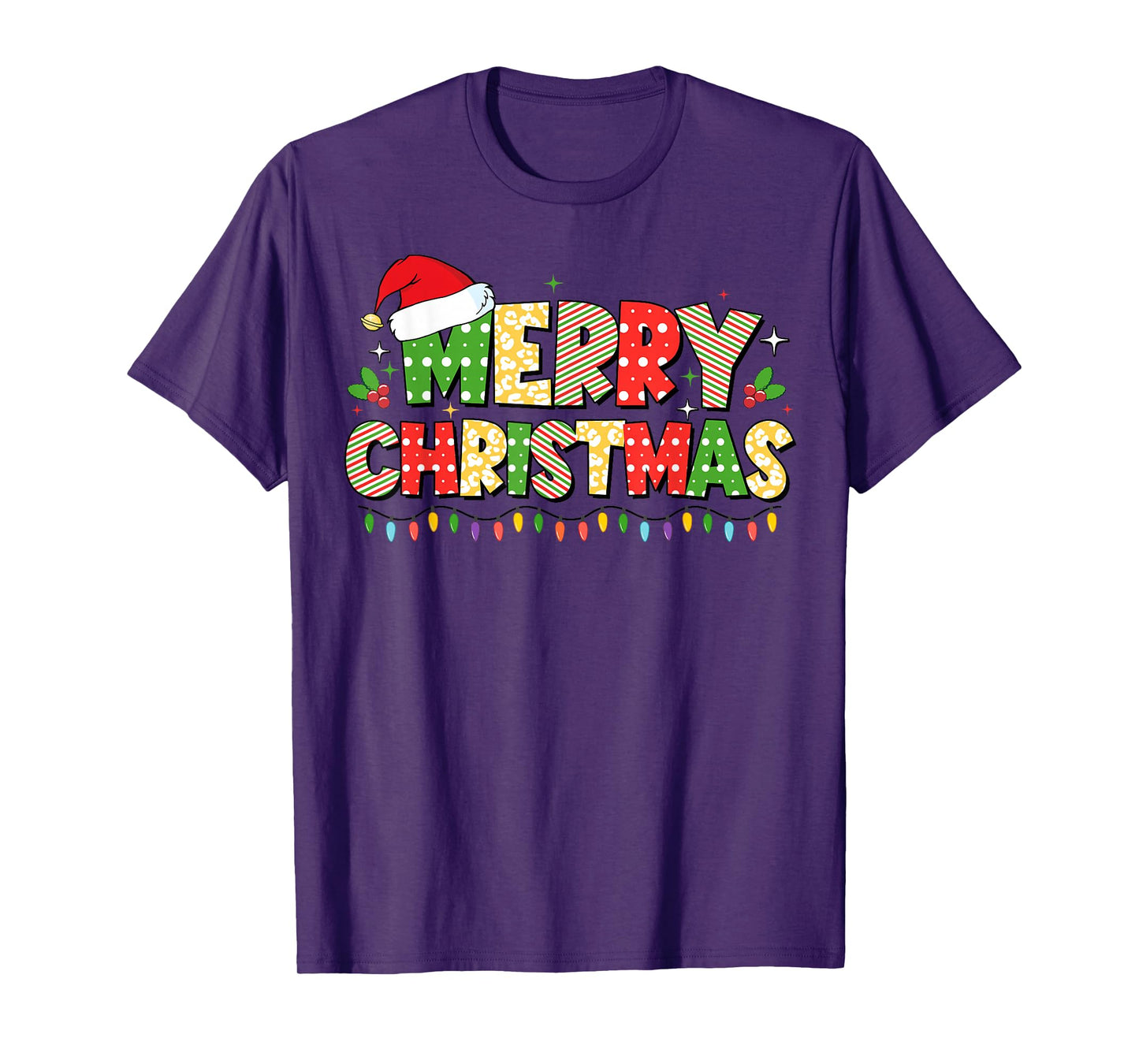 Merry Christmas Lights Santa Hat Xmas Family Men Women Kids T-Shirt