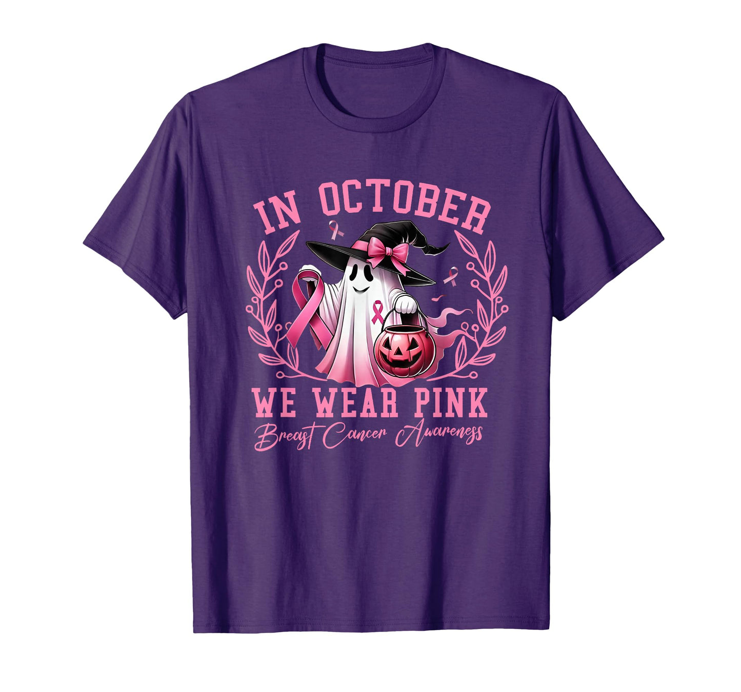 in October We Wear Pink Ghost Witch Breast T-Shirt