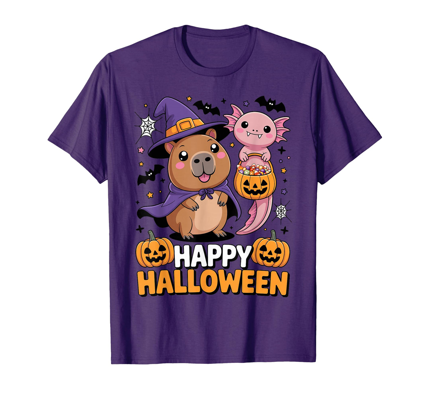 Cute Capybara and Axolotl Happy Halloween Kids T-Shirt