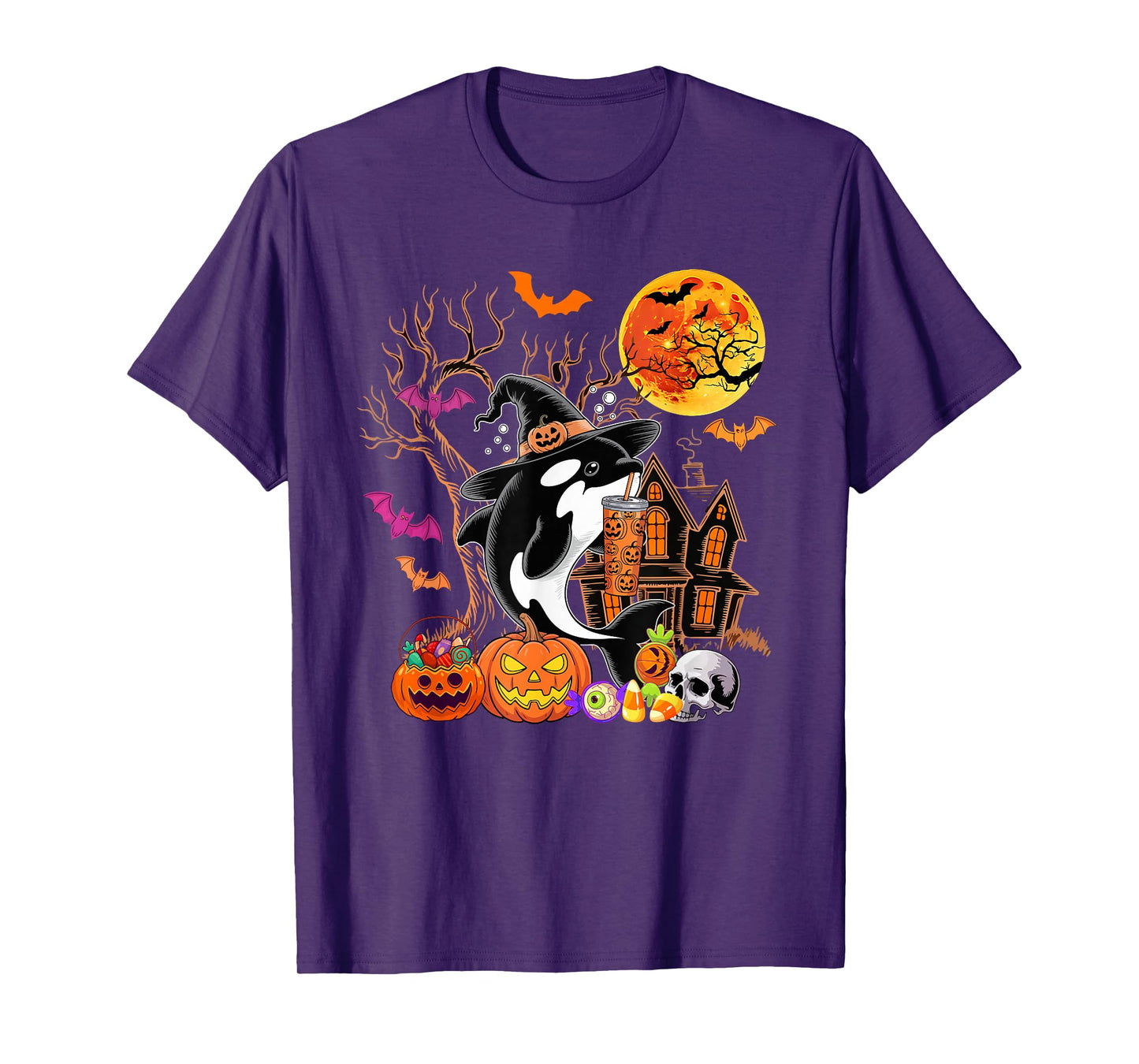 Orca As Witch Drinking Coffee Halloween Carved Pumpkin T-Shirt