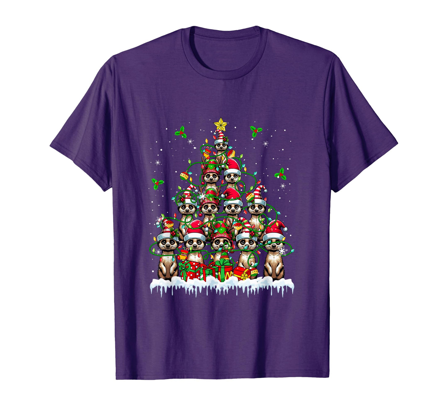 Group Santa Reindeer Elf Meerkats Xmas Tree Colorful Lights T-Shirt