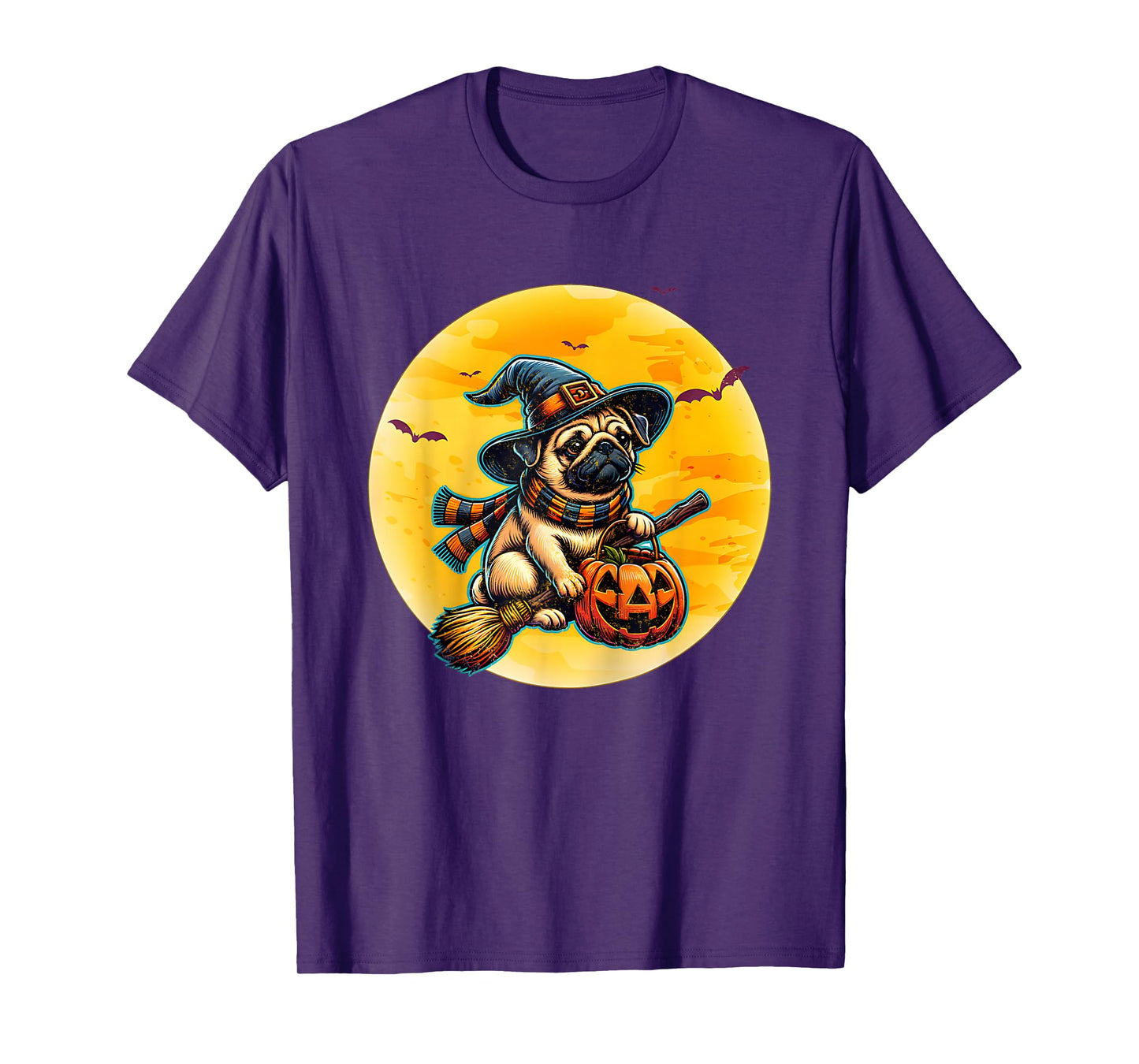 Dog Witch Broom Full Moon Pug Halloween T-Shirt
