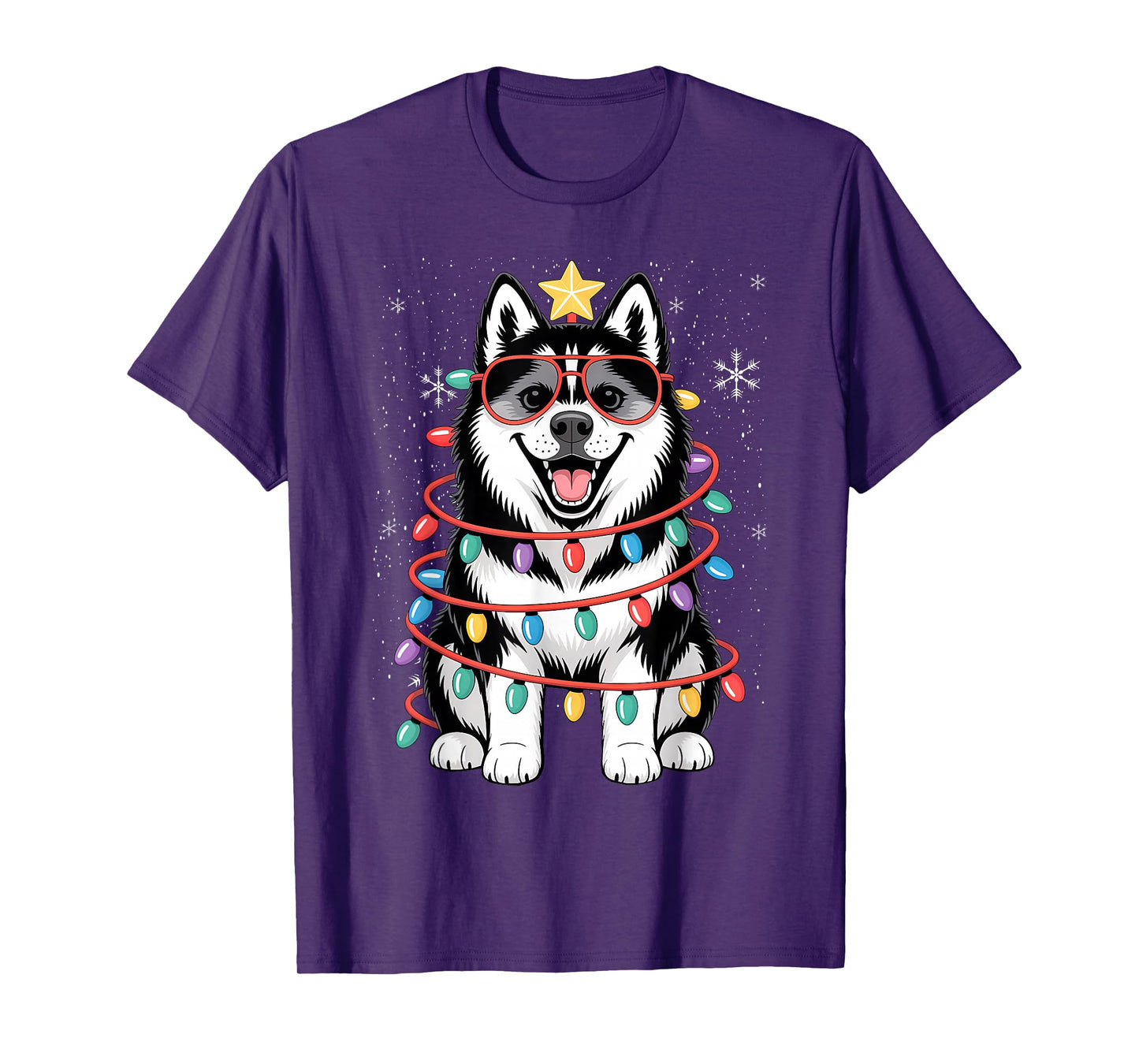 Siberian Husky Christmas Tree Lights Santa Xmas Dog T-Shirt