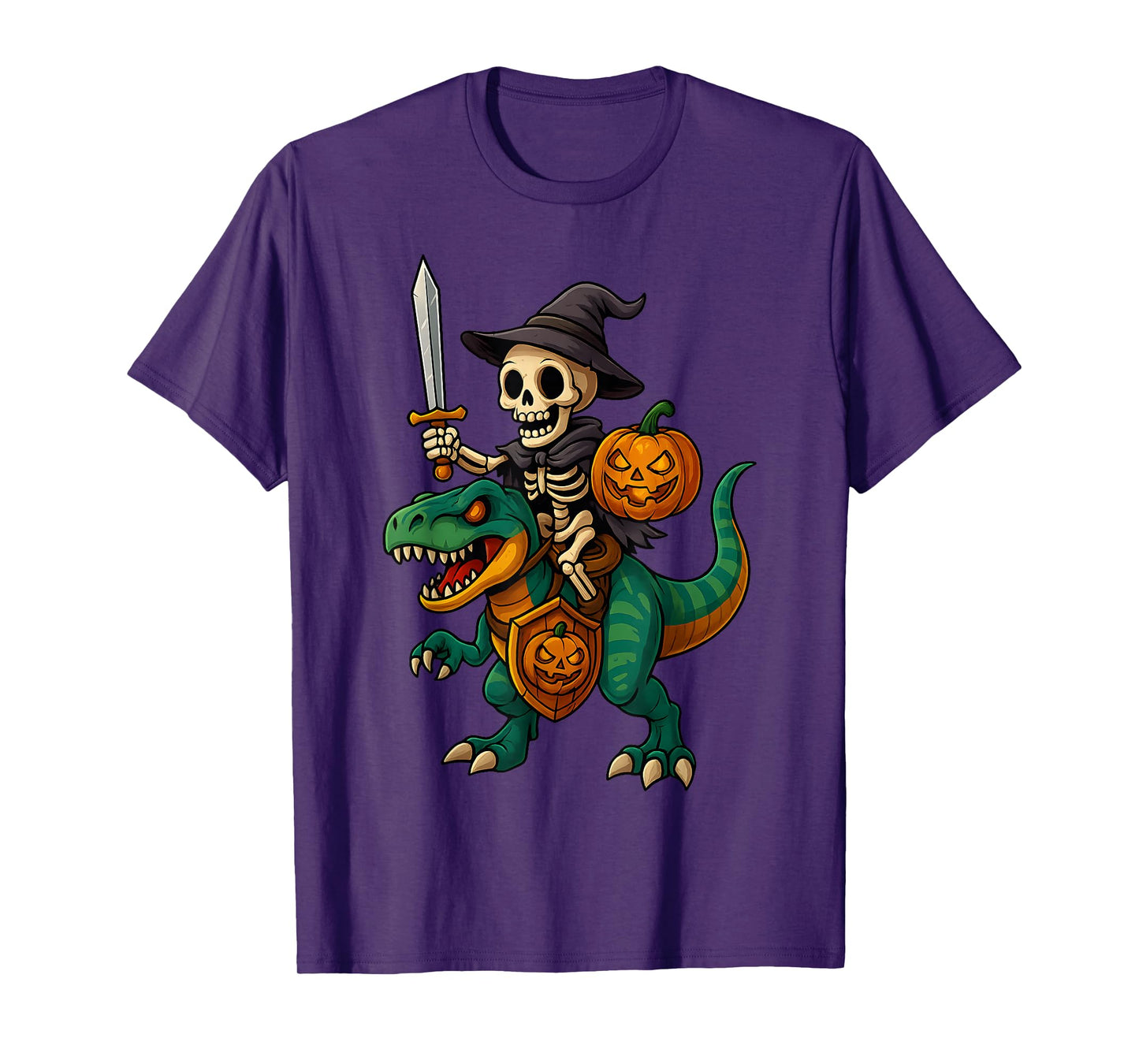 Funny Skeleton Riding T Rex with Sword and Pumpkin Halloween T-Shirt
