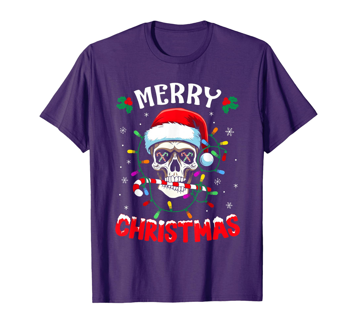 Merry Christmas Lights Red Santa Hat Skull Family Men Women T-Shirt