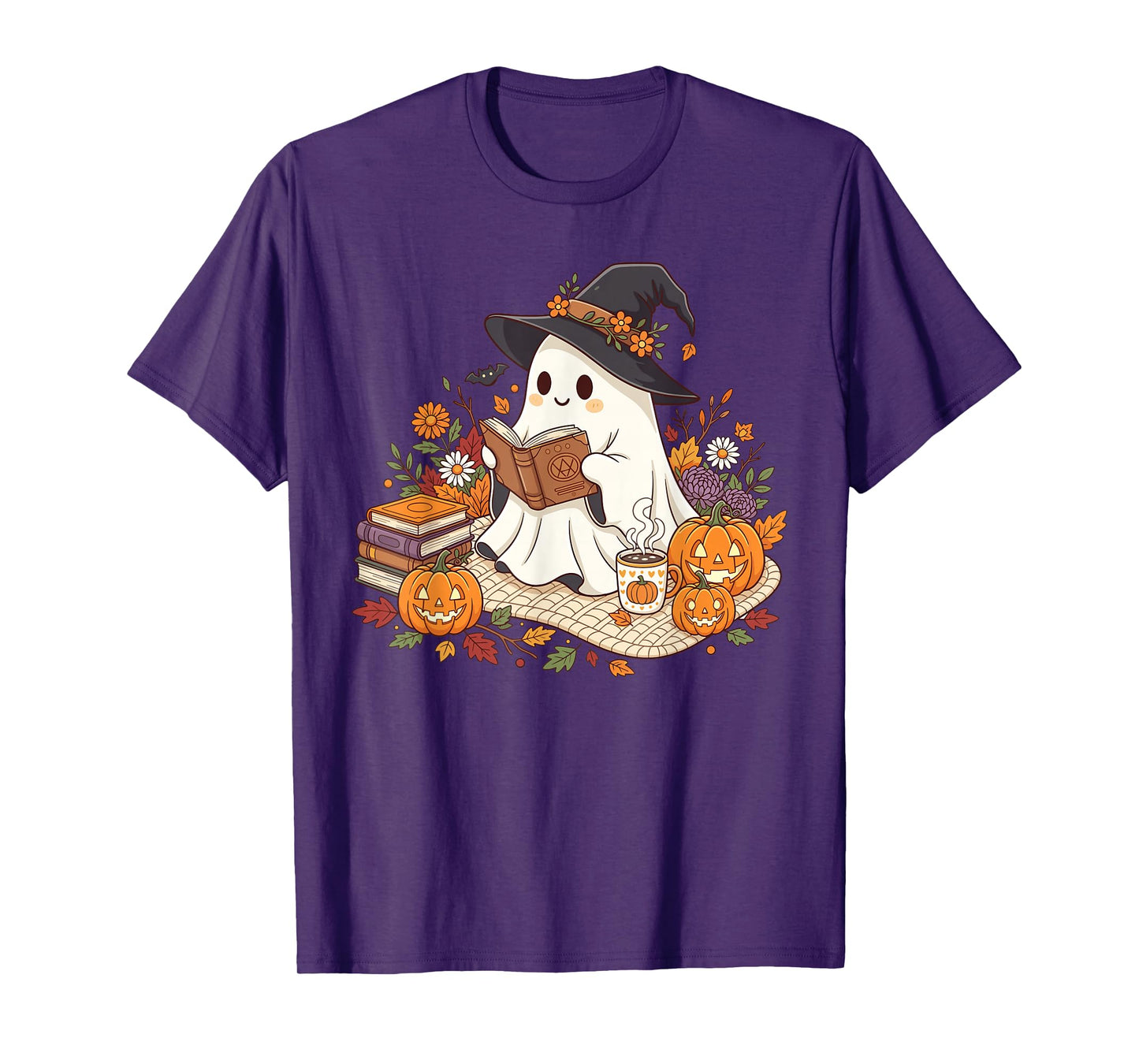 Ghost Reading Book Pumpkin Flower Halloween Reader Bookworm T-Shirt