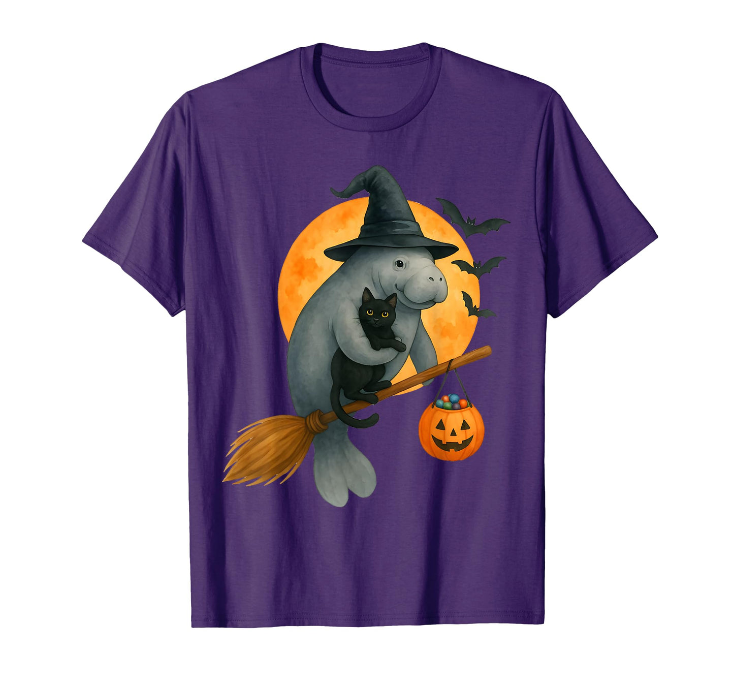 Manatee Witch Hat Black Cat Pumpkin Halloween Costume T-Shirt