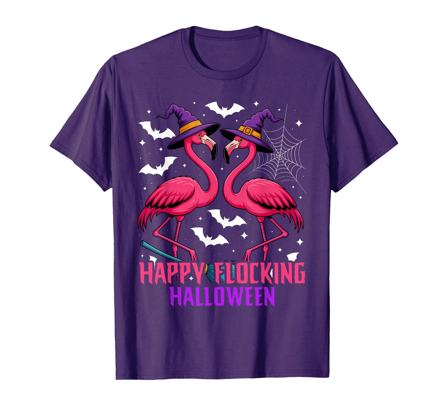 Happy Flocking Halloween Funny Pink Flamingo Witch T-Shirt