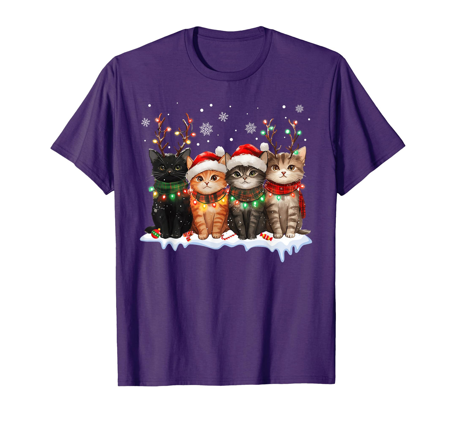 Cat Christmas Light Reindeer Santa Christmas Cat Lover T-Shirt