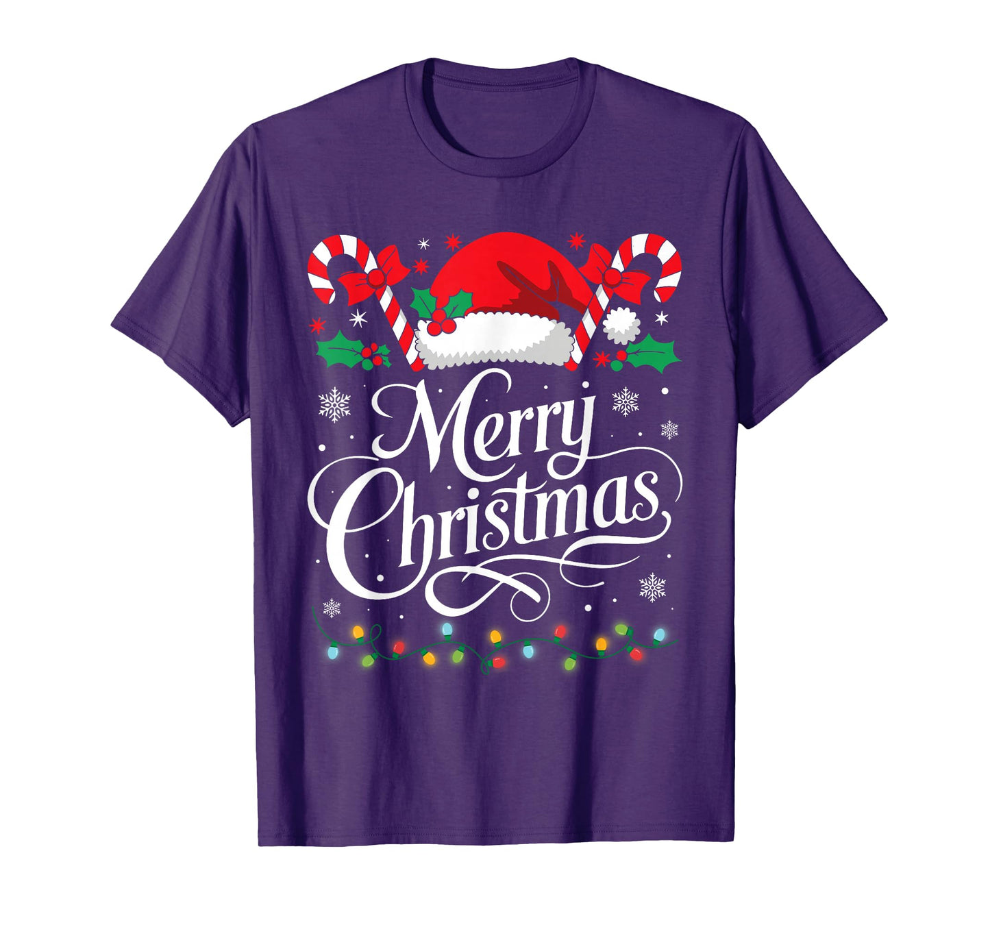 Merry Christmas Lights Red Santa Hat Xmas Family Men Women T-Shirt