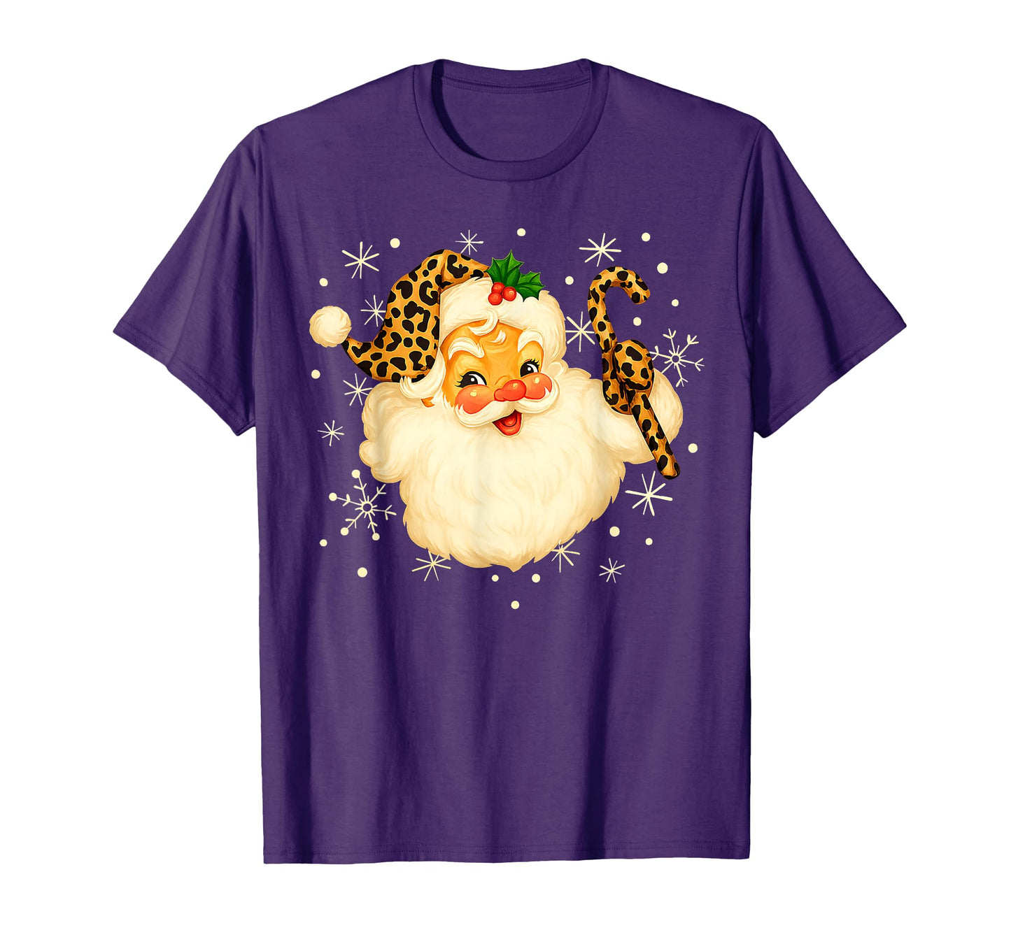 Funny Santa Claus Face Christmas Xmas Leopard Santa Hat T-Shirt
