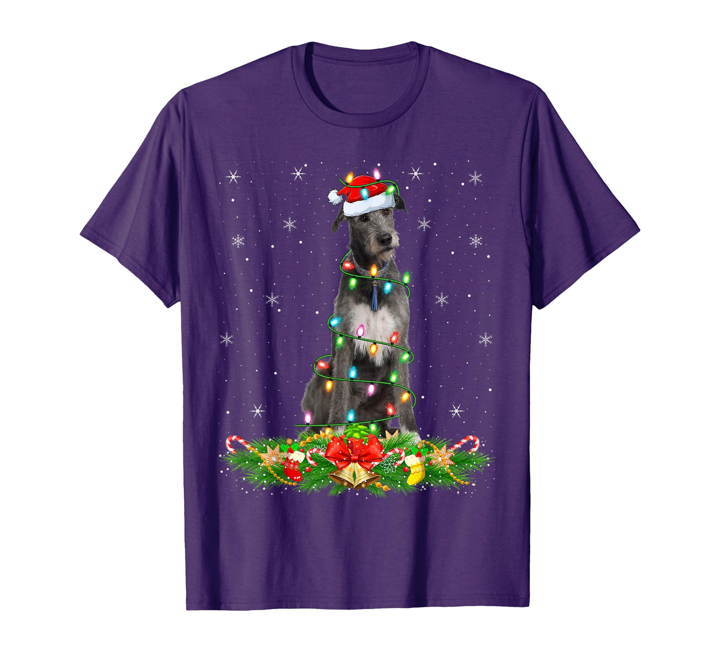 Irish Wolfhound Dog Christmas Lights Funny Santa Hat Xmas T-Shirt